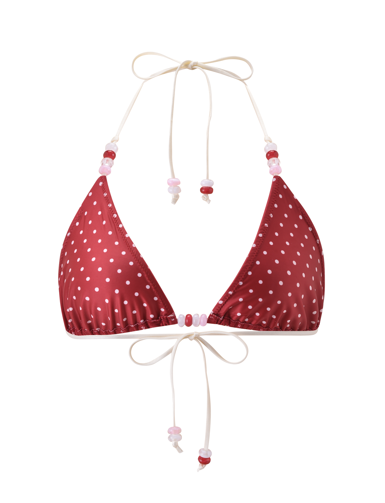 The FINLEA BIKINI TOP by TIGERMIST features a red and cream polka dot design, white string ties, colorful beaded accents on the straps, and a classic triangle silhouette, shown against a plain white background.