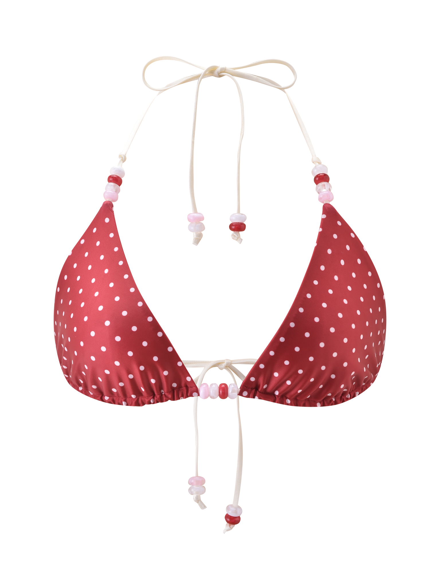 The TIGERMIST FINLEA BIKINI TOP in red and cream polka dot features a halter neck design with pink and white beads on the ties, shown on a plain white background.