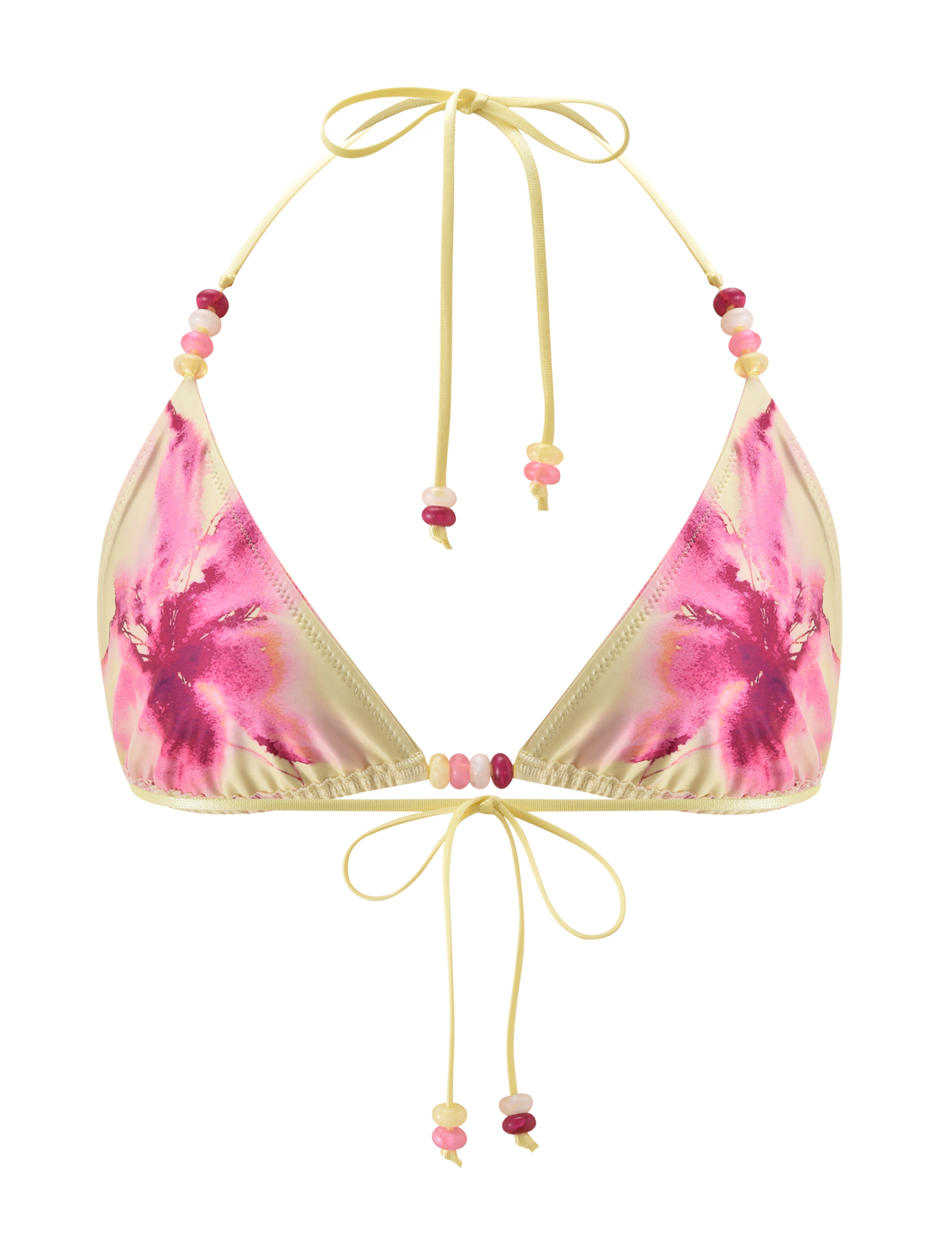 The FINLEA BIKINI TOP - WATERCOLOUR FLORAL by TIGERMIST is a yellow triangle bikini top with a watercolour floral print and pink and yellow beads on adjustable halter neck ties, shown on a plain white background.