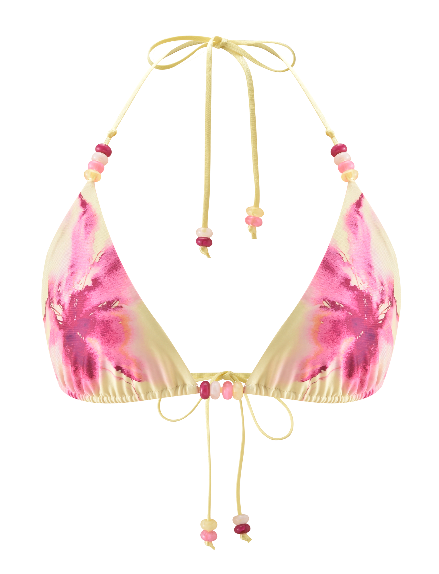 The FINLEA BIKINI TOP - WATERCOLOUR FLORAL by TIGERMIST features a yellow triangle design with a watercolour floral and pink-purple tie-dye print, plus adjustable straps embellished with pink, red, and white beads.