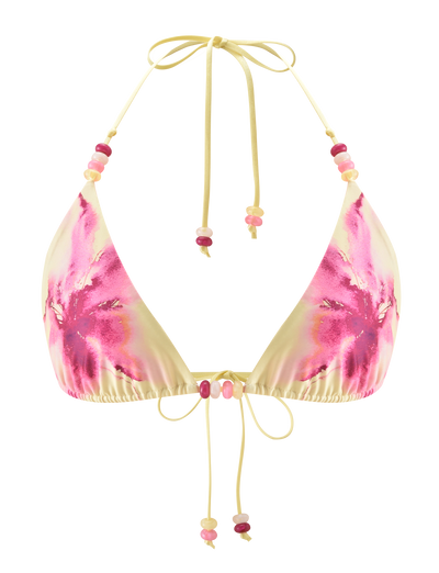 The FINLEA BIKINI TOP - WATERCOLOUR FLORAL by TIGERMIST features a yellow triangle design with a watercolour floral and pink-purple tie-dye print, plus adjustable straps embellished with pink, red, and white beads.