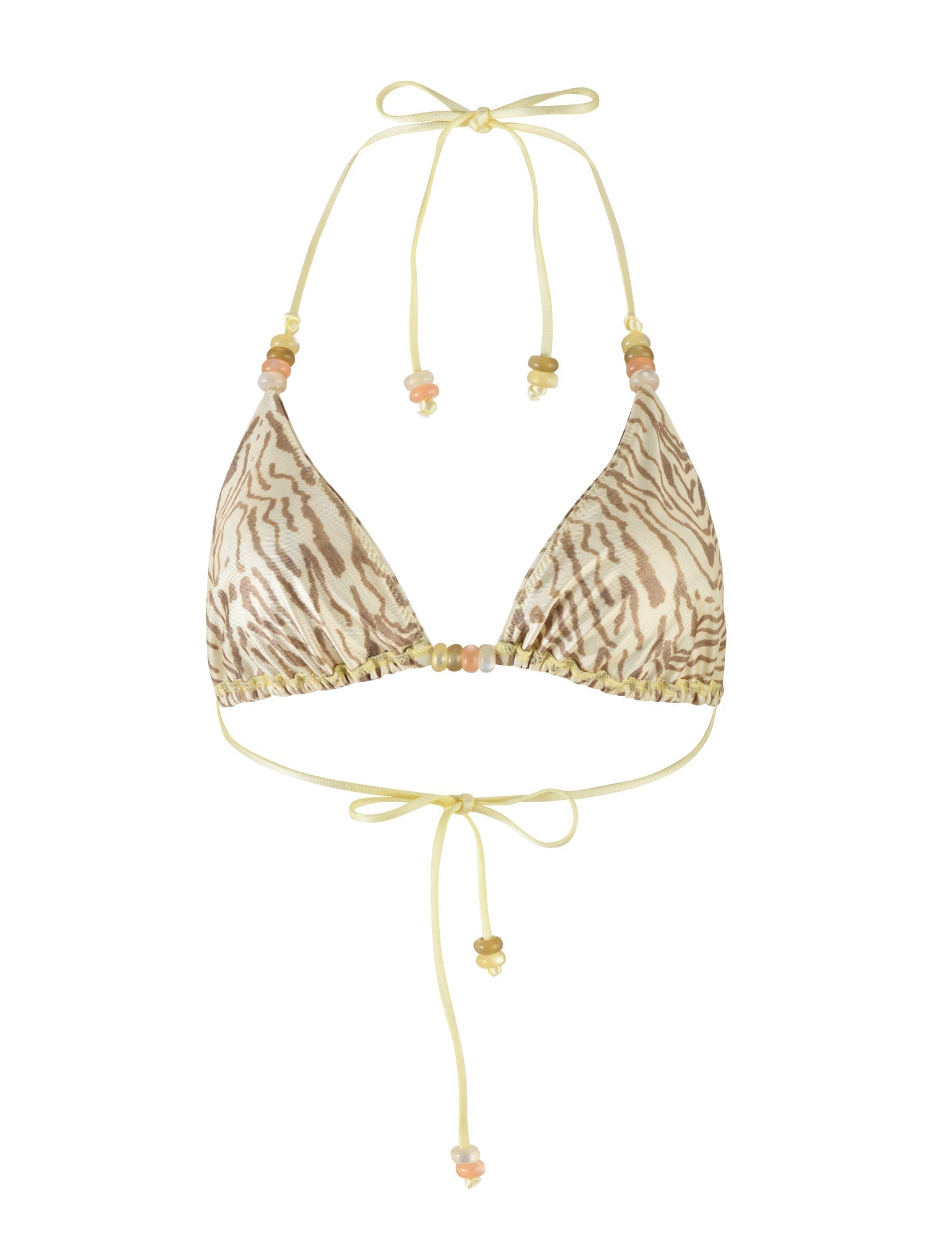 The FINLEA BIKINI TOP - YELLOW : ZEBRA by TIGERMIST is a yellow triangle bikini top with a striking animal print design, showcasing light brown zebra-like patterns. It features adjustable thin yellow straps that tie behind the neck and back, accented with small colorful beads at the strap ends.