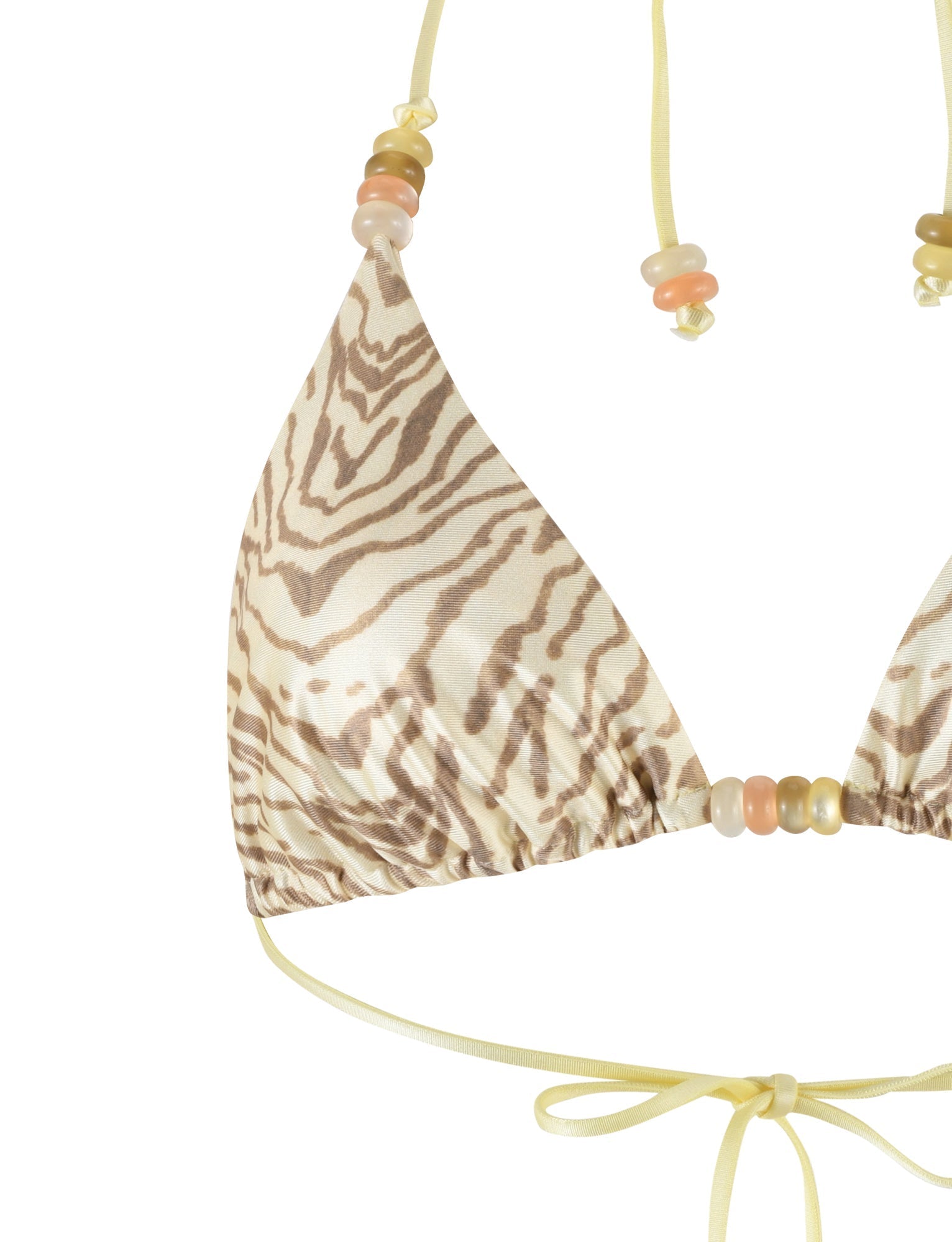 Close-up of the FINLEA BIKINI TOP - YELLOW : ZEBRA by TIGERMIST, showcasing adjustable triangle cups and yellow strings. The top includes multicolored bead accents along the halter straps and front tie, adding a vibrant touch.