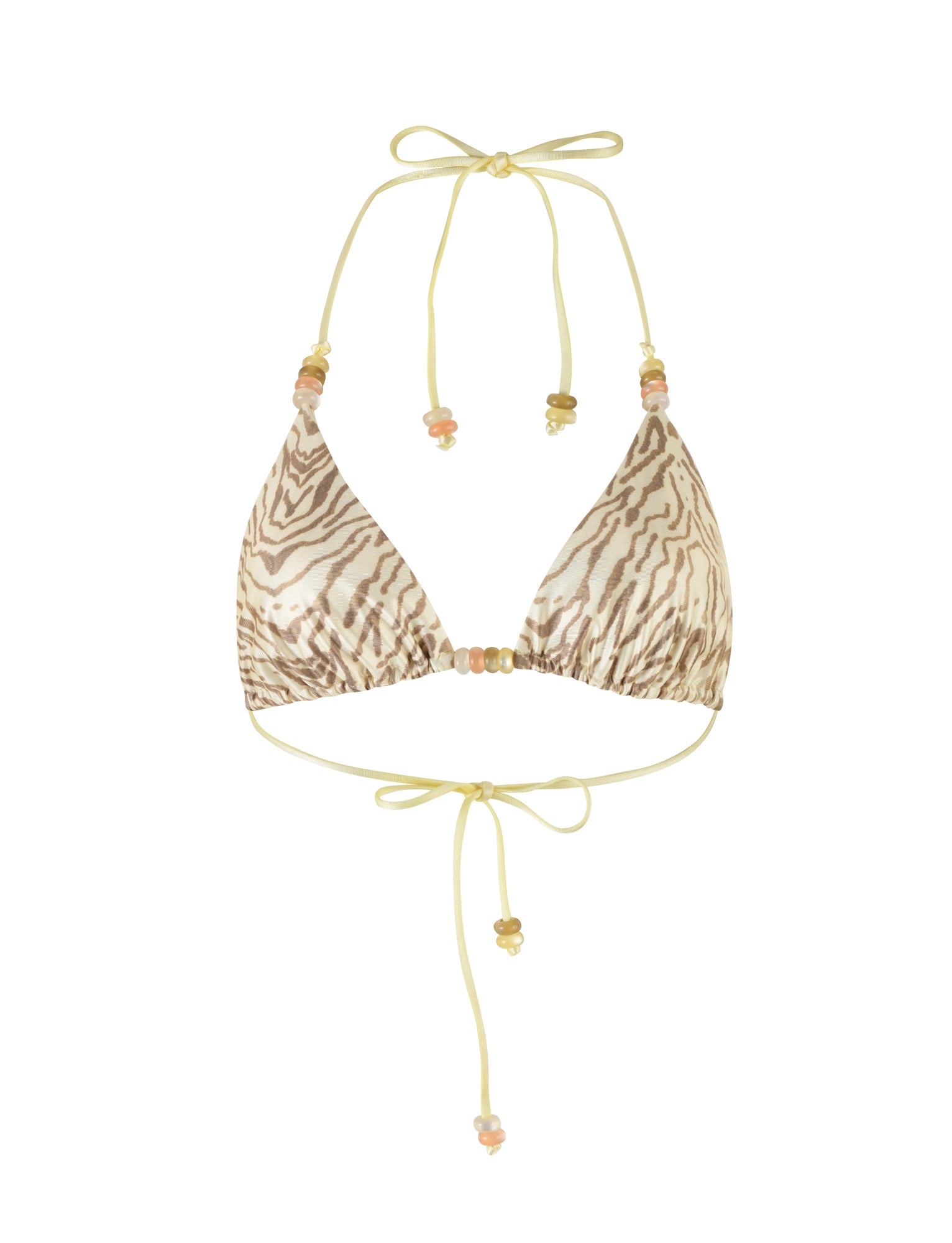The FINLEA BIKINI TOP - YELLOW : ZEBRA by TIGERMIST is a striking yellow zebra print triangle bikini top, showcasing beige and brown stripes. This adjustable bikini top features delicate yellow straps that tie around the neck and back, adorned with small colorful beads. The ruched fit and light sheen on the fabric lend an added touch of sophistication.