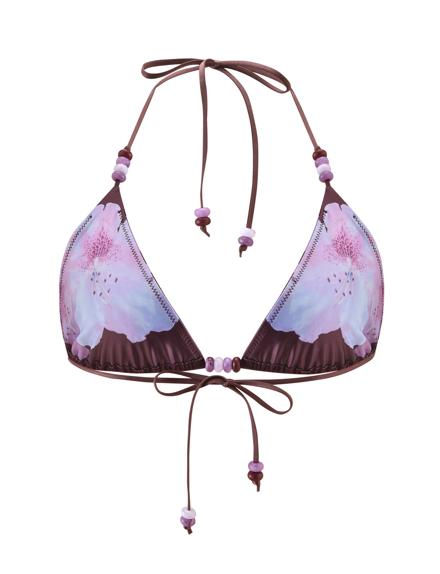 The FINLEA BIKINI TOP - ZEN FLORAL by TIGERMIST features a purple floral print with pink and light purple flowers, a halter neck, and beaded strap accents. Displayed on a plain white background.