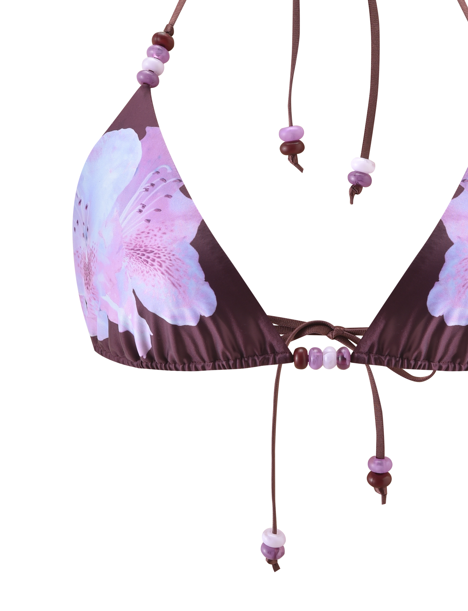 The FINLEA BIKINI TOP - ZEN FLORAL by TIGERMIST features a brown triangle design with pink and purple floral prints, finished with beaded purple and white strings.