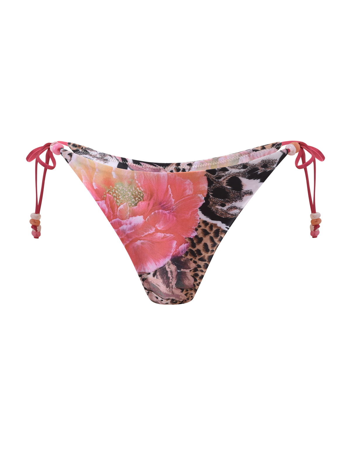 The TIGERMIST FINLEA BIKINI BOTTOM - ANIMALIER FLORAL showcases a vibrant floral and leopard print with pink beaded side ties, set against a plain white background.