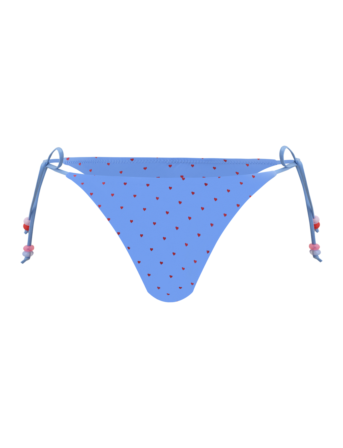 The TIGERMIST FINLEA BIKINI BOTTOM - BLUE HEART POLKA DOT has a cheeky cut, adjustable side ties, and is designed with playful blue heart polka dots on a light background.
