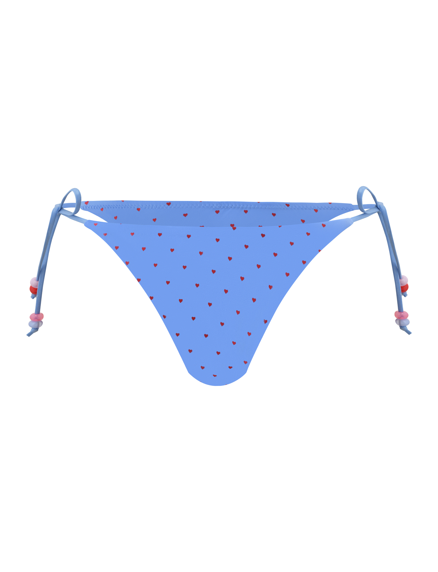 The TIGERMIST FINLEA BIKINI BOTTOM - BLUE HEART POLKA DOT has a cheeky cut, adjustable side ties, and is designed with playful blue heart polka dots on a light background.