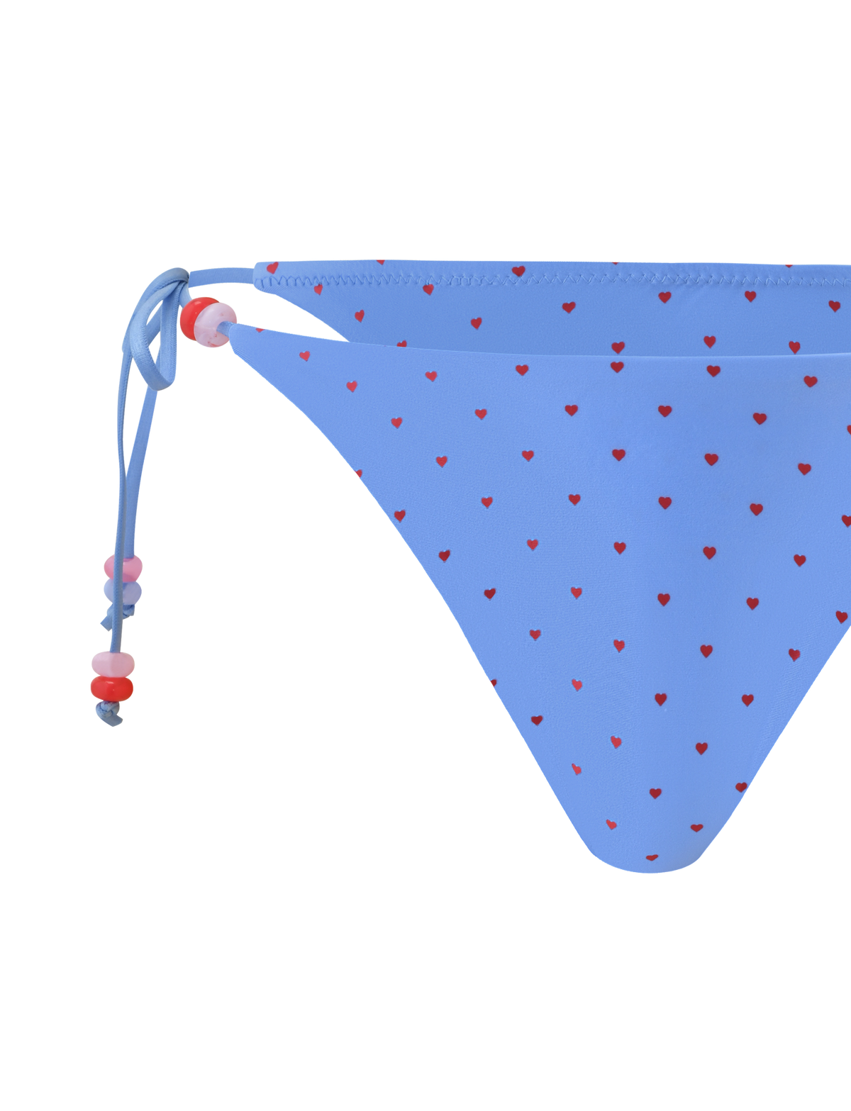 Close-up of the TIGERMIST FINLEA BIKINI BOTTOM - BLUE HEART POLKA DOT featuring a cheeky cut and side ties with pink, red, and purple beads, shown against a plain white background.