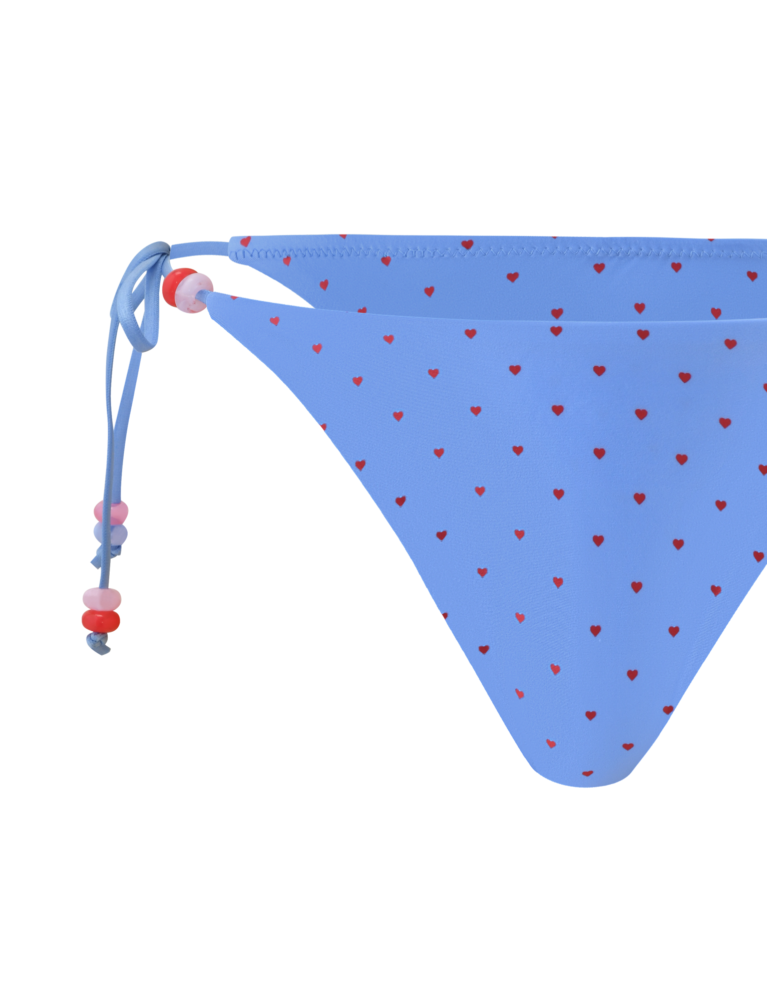 Close-up of the TIGERMIST FINLEA BIKINI BOTTOM - BLUE HEART POLKA DOT featuring a cheeky cut and side ties with pink, red, and purple beads, shown against a plain white background.
