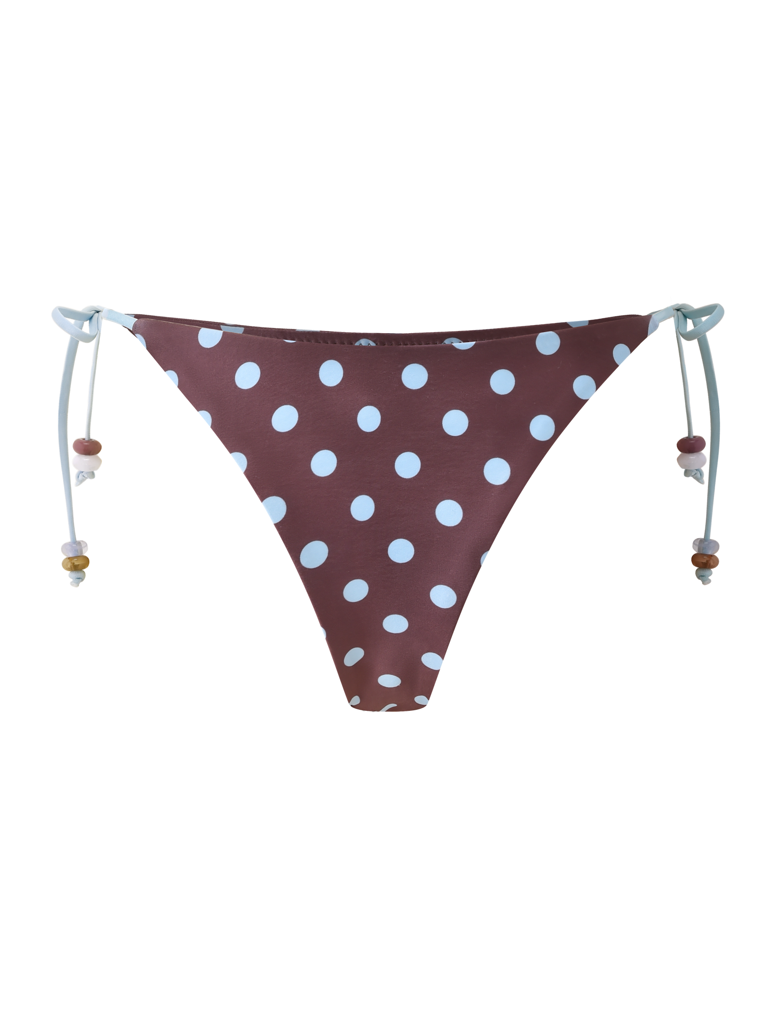 The FINLEA BIKINI BOTTOM by TIGERMIST features brown and white polka dots, light blue side ties with decorative beads, and a plain white background.