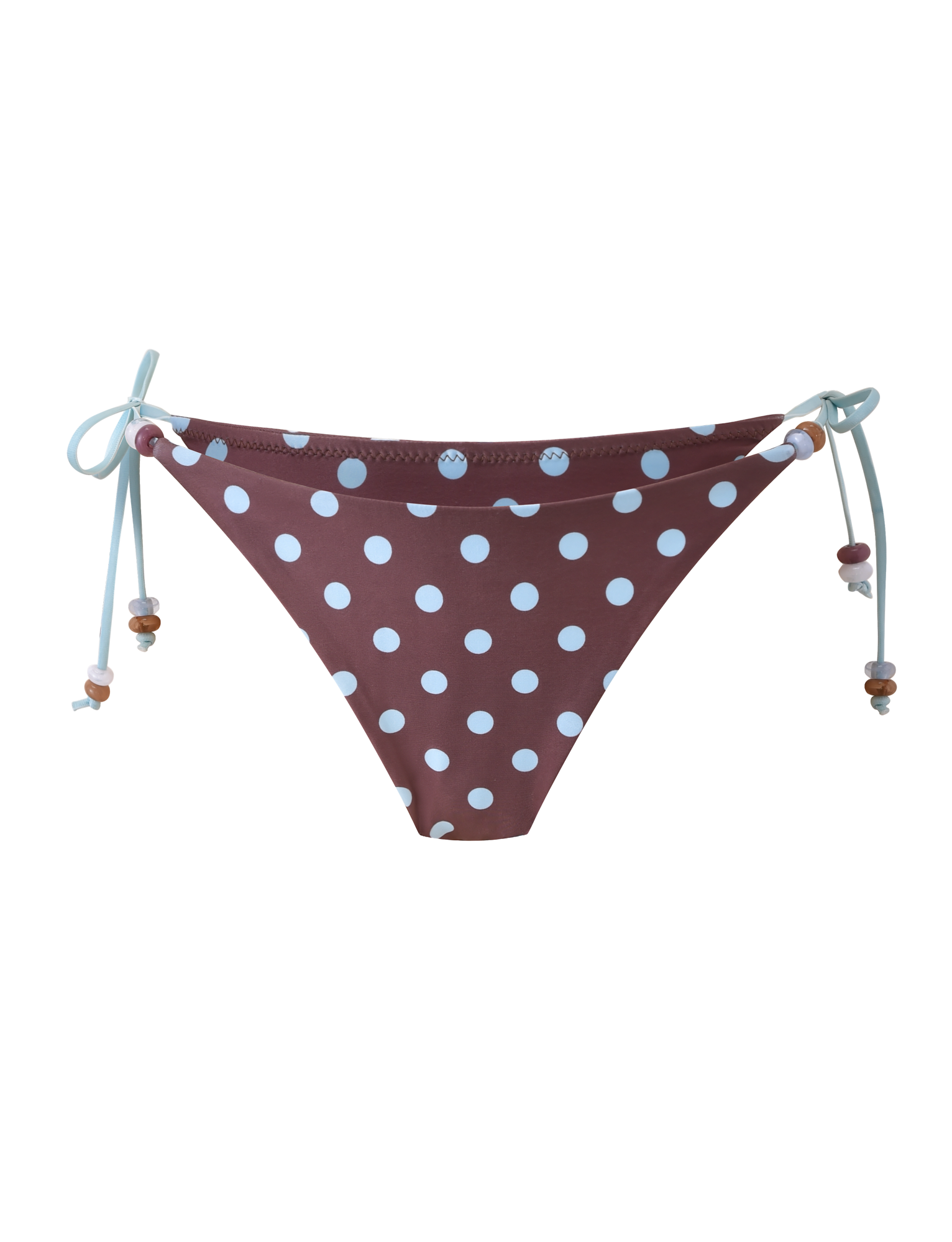 The FINLEA Bikini Bottom by TIGERMIST features a brown and blue polka dot print with light blue side ties adorned with beads for a cheeky swim look.
