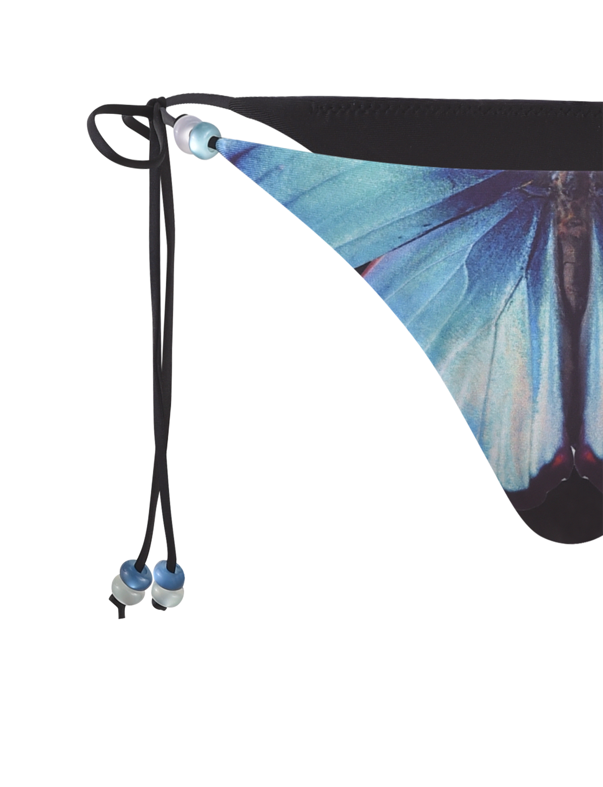 Close-up of the TIGERMIST FINLEA BIKINI BOTTOM - BLACK : BUTTERFLY, showcasing a blue butterfly print, black string ties, and a cheeky bikini cut.