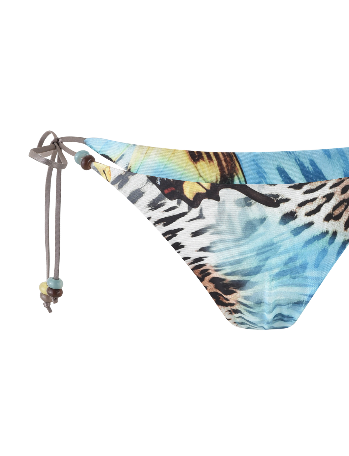 A close-up of the TIGERMIST FINLEA Bikini Bottom in Butterfly Animal pattern, featuring side ties with beads and a blue, black, yellow, and white wing-inspired design.