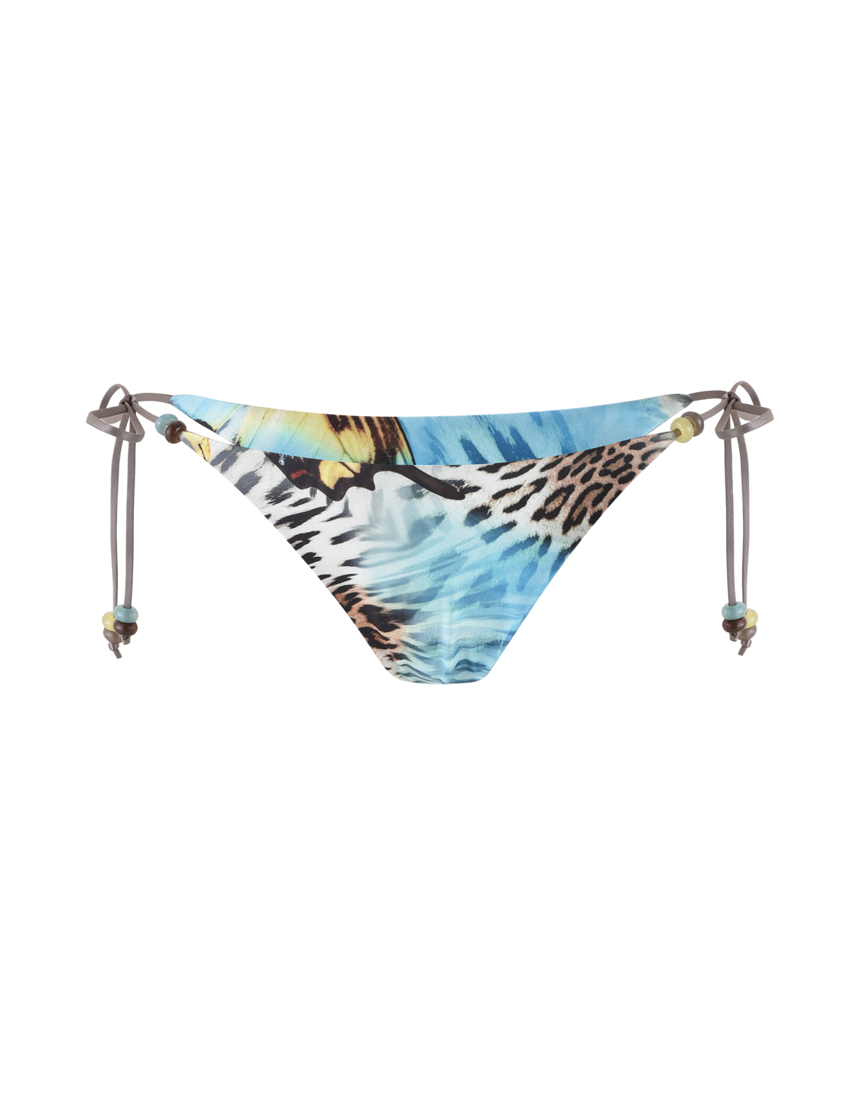 The FINLEA BIKINI BOTTOM by TIGERMIST features side ties and a butterfly animal print on a streaked multicolored background.