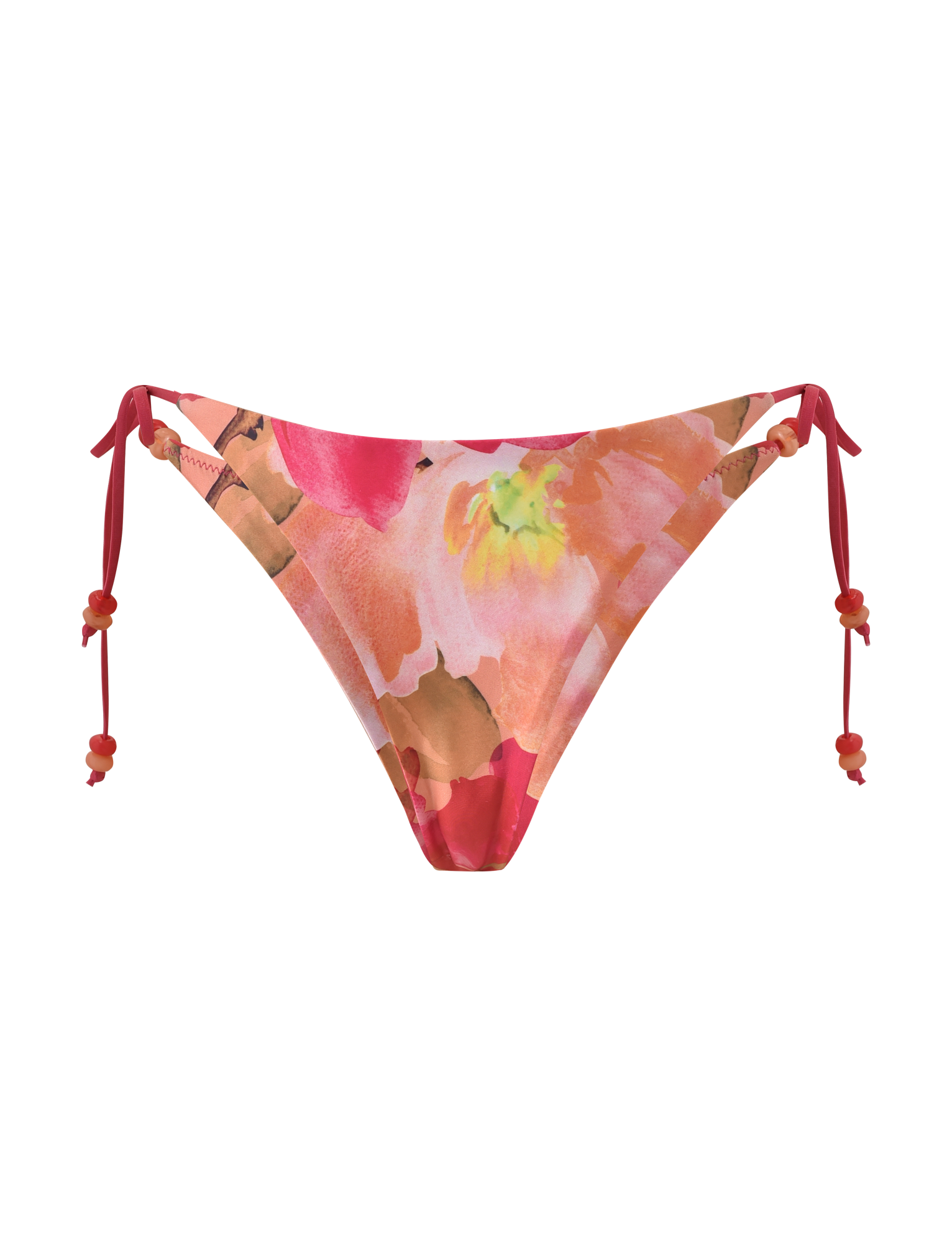 The TIGERMIST FINLEA BIKINI BOTTOM - DAIQUIRI FLORAL is a cheeky brief with pink, orange, and yellow watercolor-style flowers, side ties with small beads, and set against a white background.