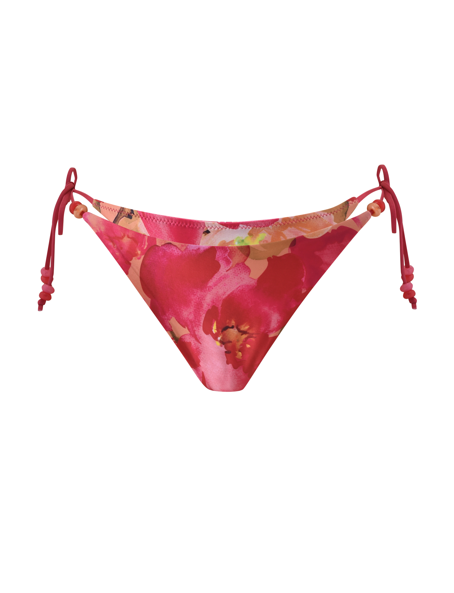 The FINLEA BIKINI BOTTOM - DAIQUIRI FLORAL by TIGERMIST features a cheeky fit with side ties, beaded details, and a pink watercolor floral print on white for a playful, stylish beach look.