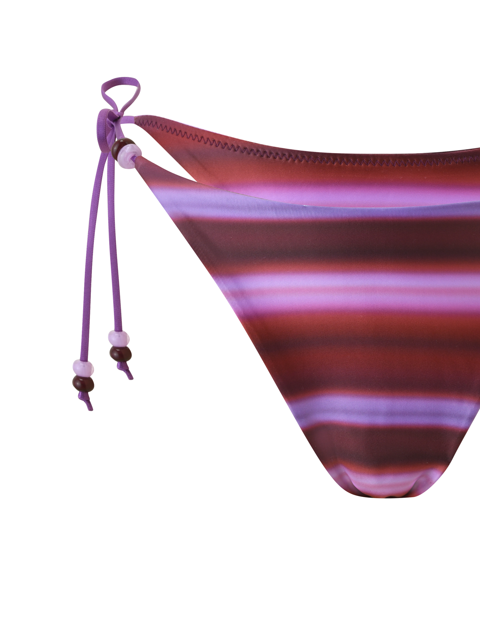 Close-up of the TIGERMIST FINLEA BIKINI BOTTOM - DUSK OMBRE STRIPE, featuring a cheeky cut, purple and pink horizontal stripes, and purple beaded side ties against a plain white background.