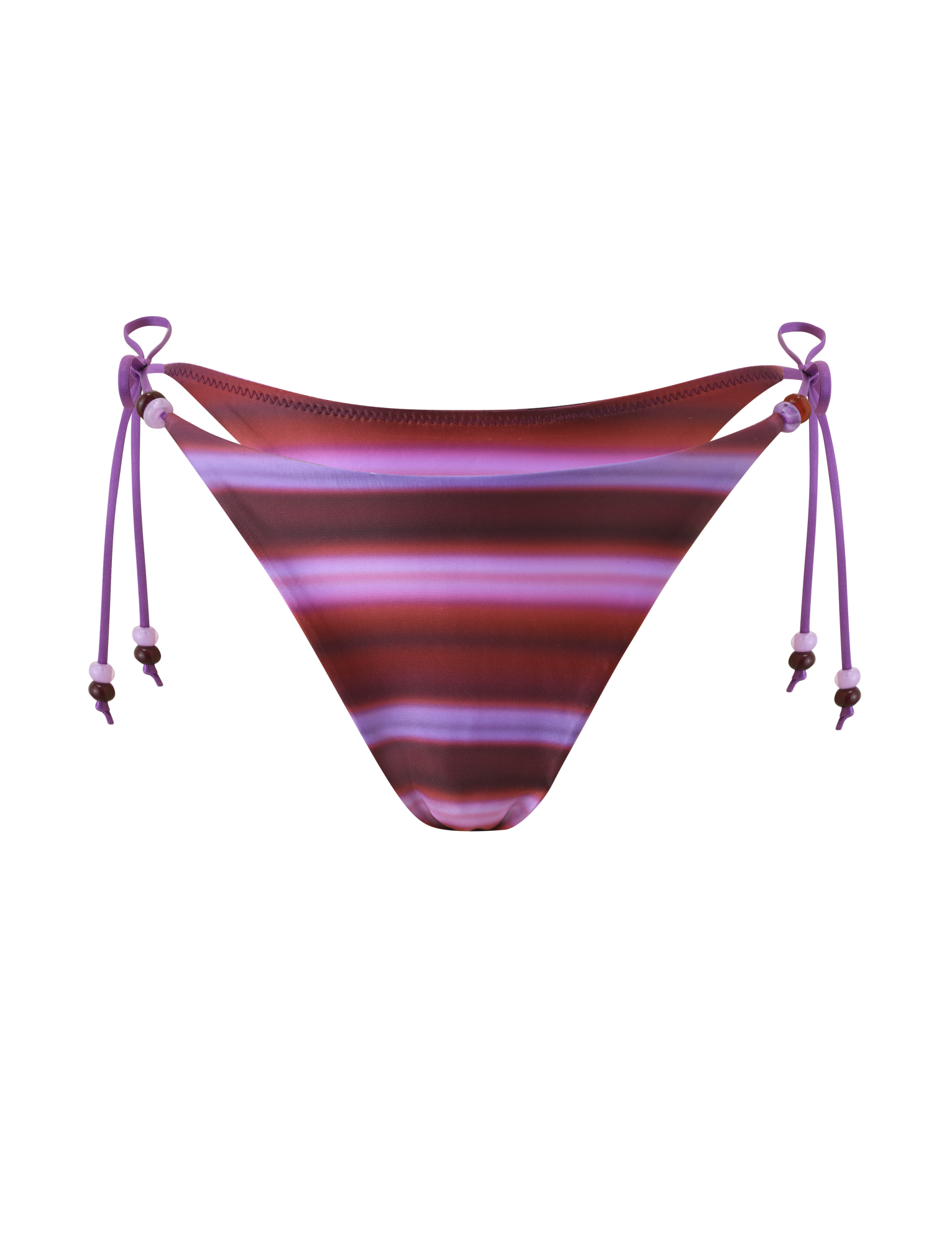 The TIGERMIST FINLEA BIKINI BOTTOM - DUSK OMBRE STRIPE features purple and pink stripes, a cheeky cut, ombre effect, and side tie strings with small beads, shown on a plain white background.