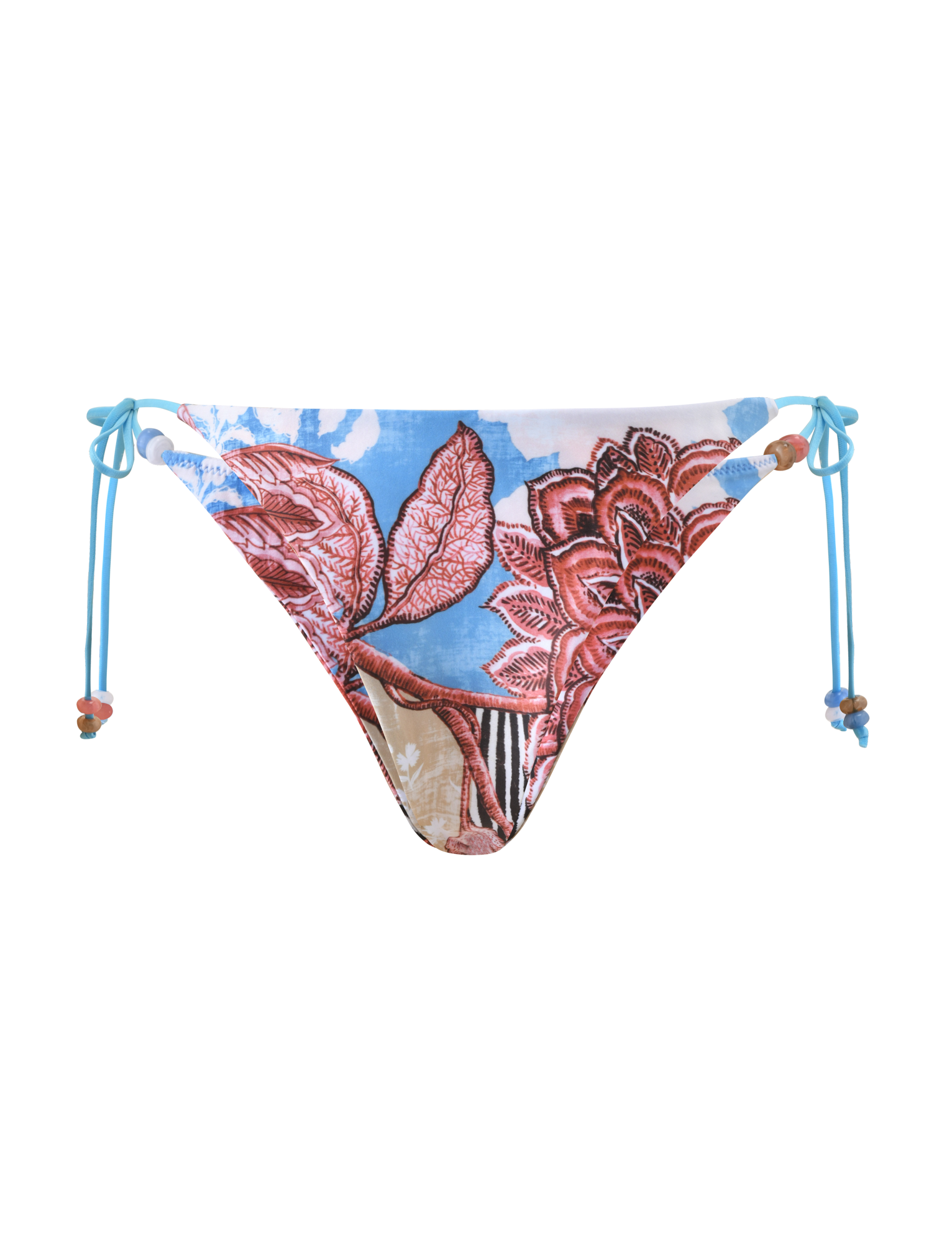 The TIGERMIST FINLEA BIKINI BOTTOM - GLOBAL ANIMAL HAZE features a sky-inspired blue and white base with vibrant red and pink floral prints, playful blue side ties with colorful beads, and a cheeky bikini cut.
