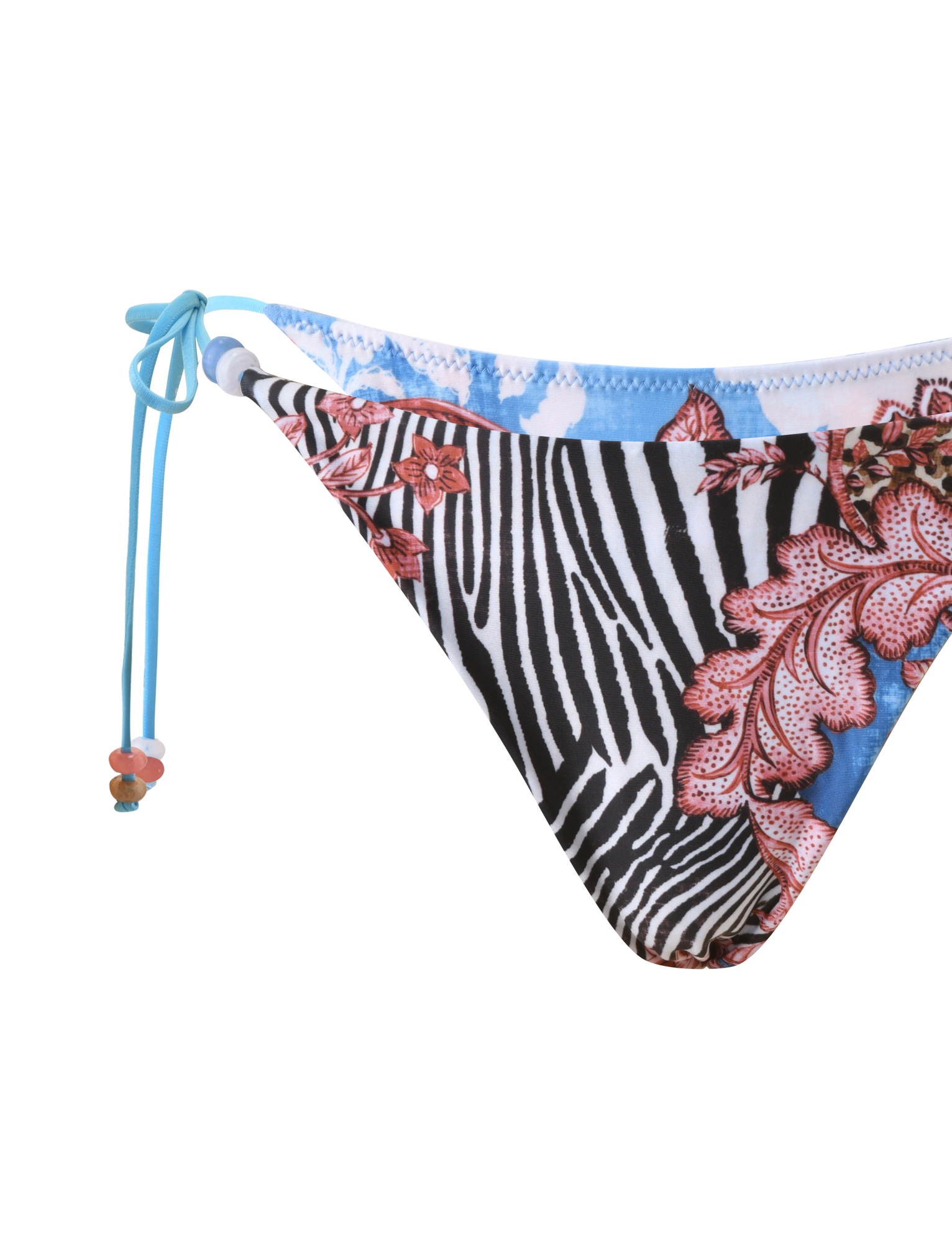 Close-up of the TIGERMIST FINLEA BIKINI BOTTOM - GLOBAL ANIMAL HAZE in a cheeky cut, featuring an animal and floral print, left-side drawstring, and blue and white waistband accents.