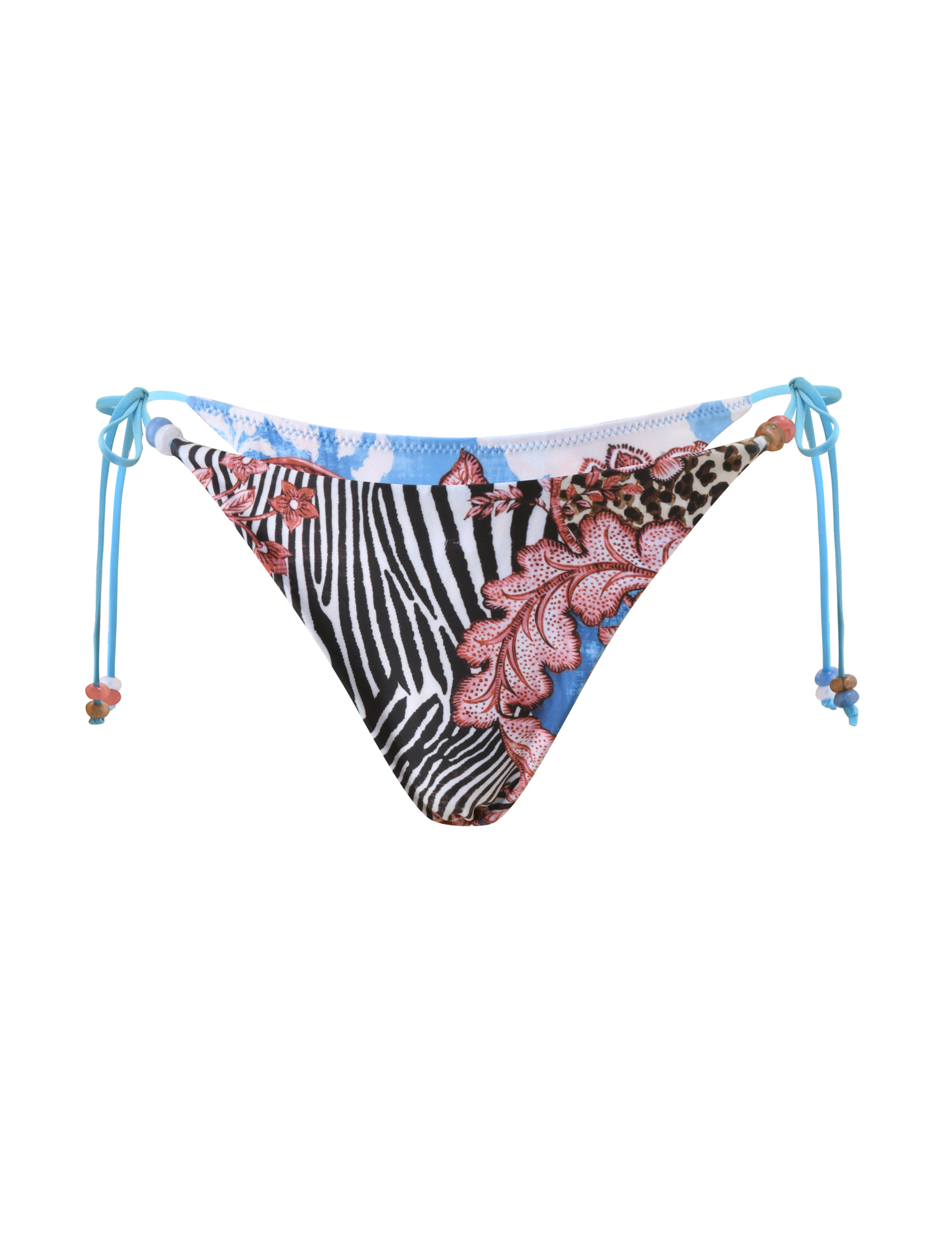 The TIGERMIST FINLEA BIKINI BOTTOM - GLOBAL ANIMAL HAZE features a cheeky cut with blue side ties and a patchwork of animal and floral prints, including zebra stripes, pink lace designs, and blue accents on a white base.