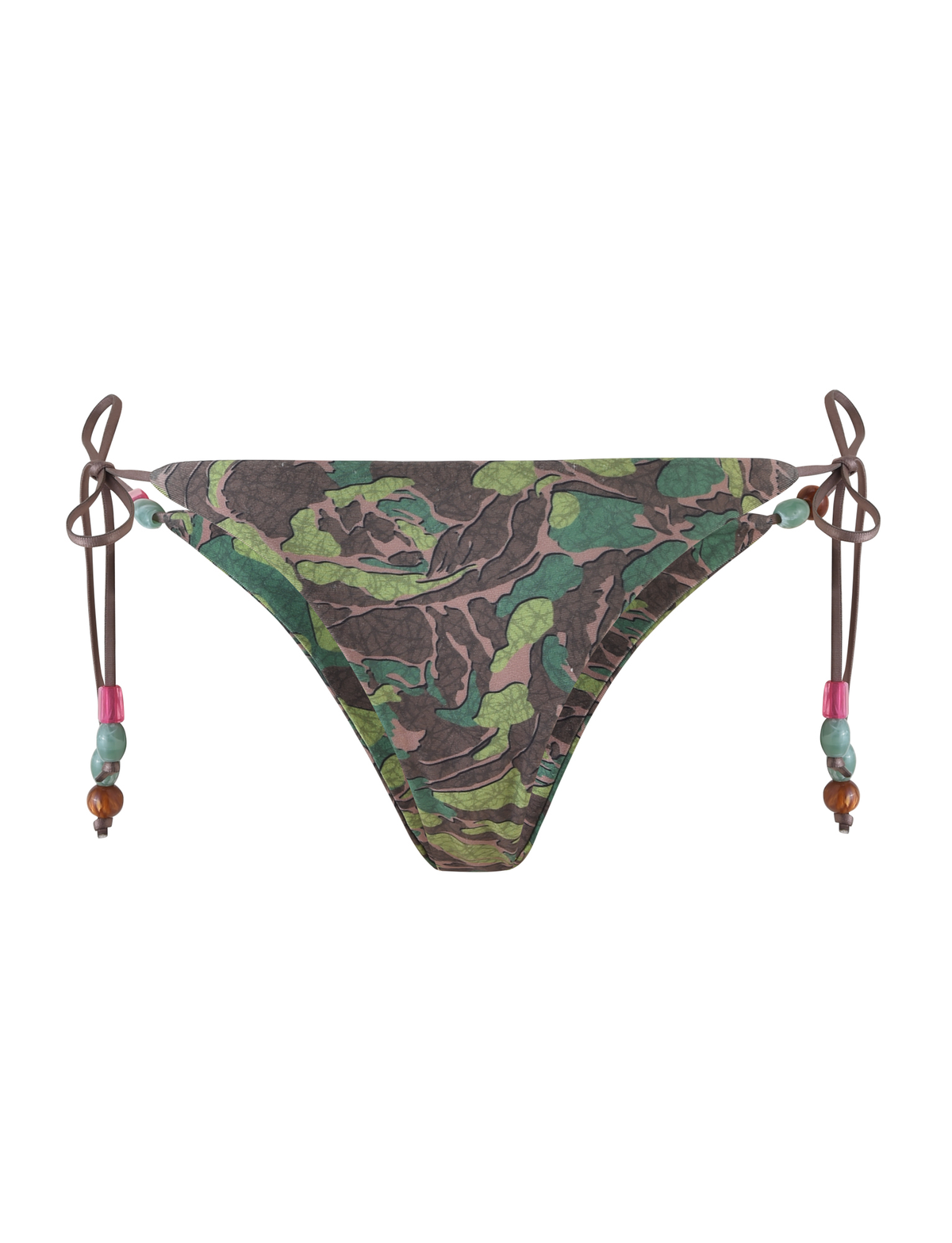 The FINLEA BIKINI BOTTOM - GREEN : CAMO by TIGERMIST features a camo print, cheeky cut, brown side ties, and decorative pink, blue, and brown beads on each string.