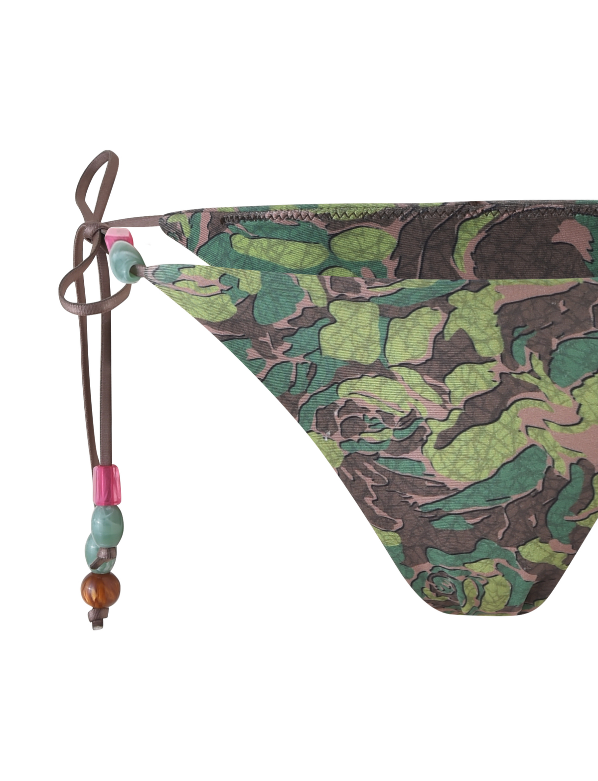 A close-up of the TIGERMIST FINLEA BIKINI BOTTOM - GREEN : CAMO shows a cheeky camo bikini cut with side tie strings, accented by colorful pink, green, and brown beads.