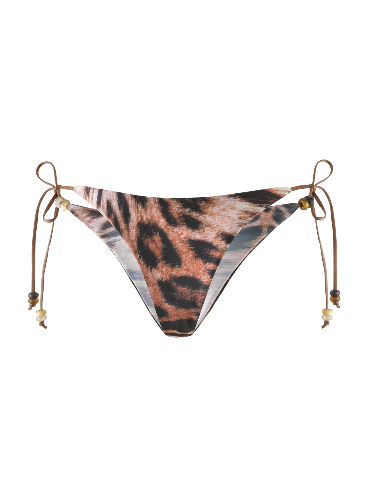 The FINLEA BIKINI BOTTOM by TIGERMIST in Leopard Haze features a cheeky cut and adjustable brown side ties with beads, shown on a white background.