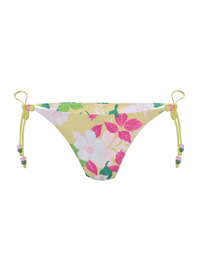 The FINLEA BIKINI BOTTOM - PAISLEY BORDER by TIGERMIST features a cheeky bikini cut with adjustable side ties, crafted from elastane swimwear fabric with a paisley border print, displayed on a white background.