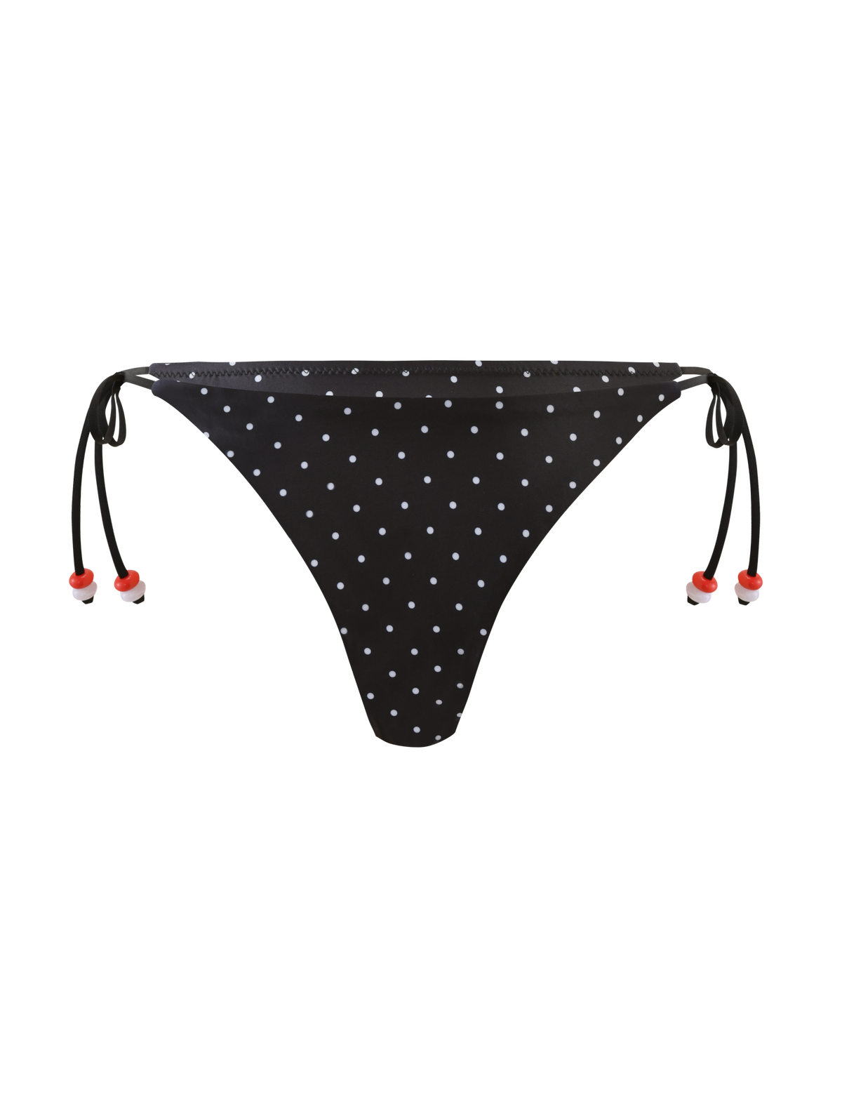 The FINLEA BIKINI BOTTOM - POLKA DOT BLACK CREAM by TIGERMIST features cheeky coverage, adjustable tie sides with small red bead accents, and is shown on a plain white background.