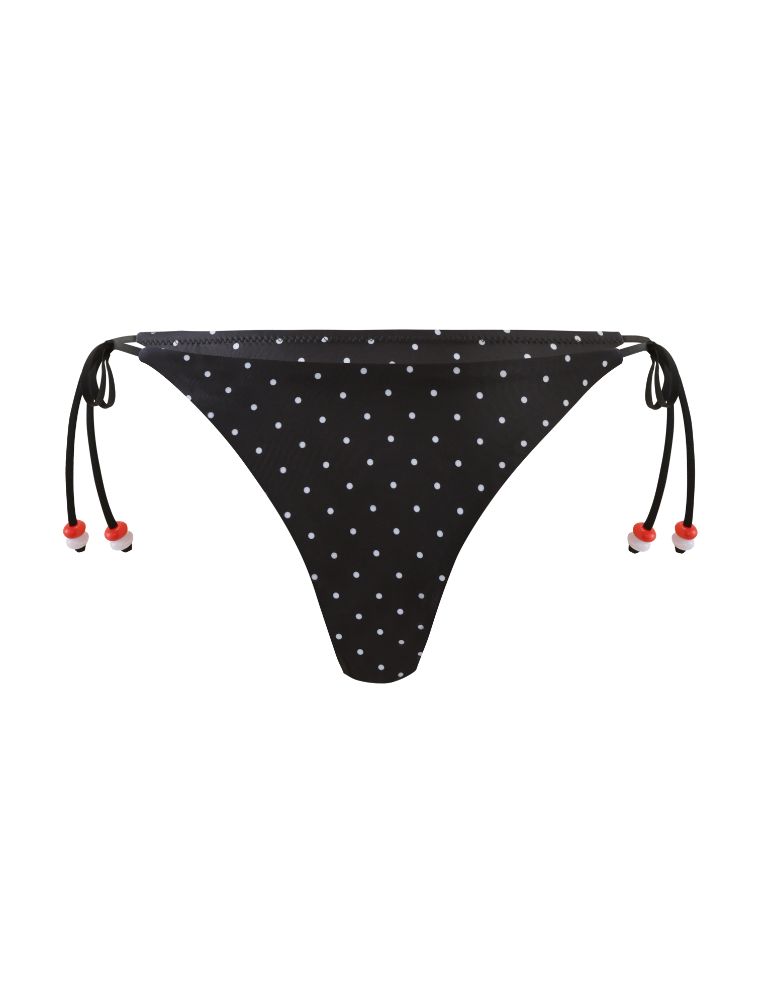 The FINLEA BIKINI BOTTOM - POLKA DOT BLACK CREAM by TIGERMIST features cheeky coverage, adjustable tie sides with small red bead accents, and is shown on a plain white background.