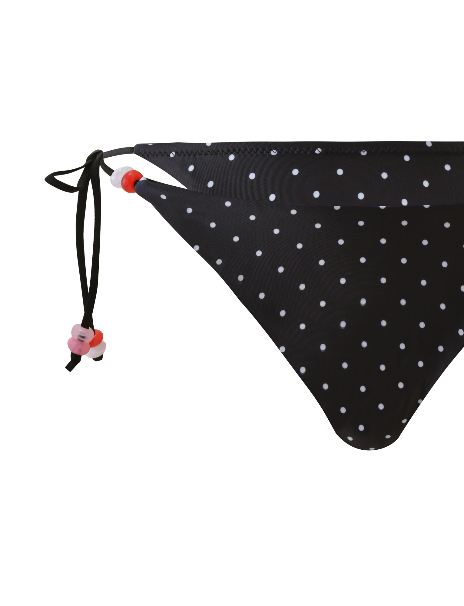 The FINLEA BIKINI BOTTOM - POLKA DOT BLACK CREAM by TIGERMIST features a cheeky fit, side ties with pink, red, and white beads, and is crafted from smooth fabric that stands out against a plain white background.