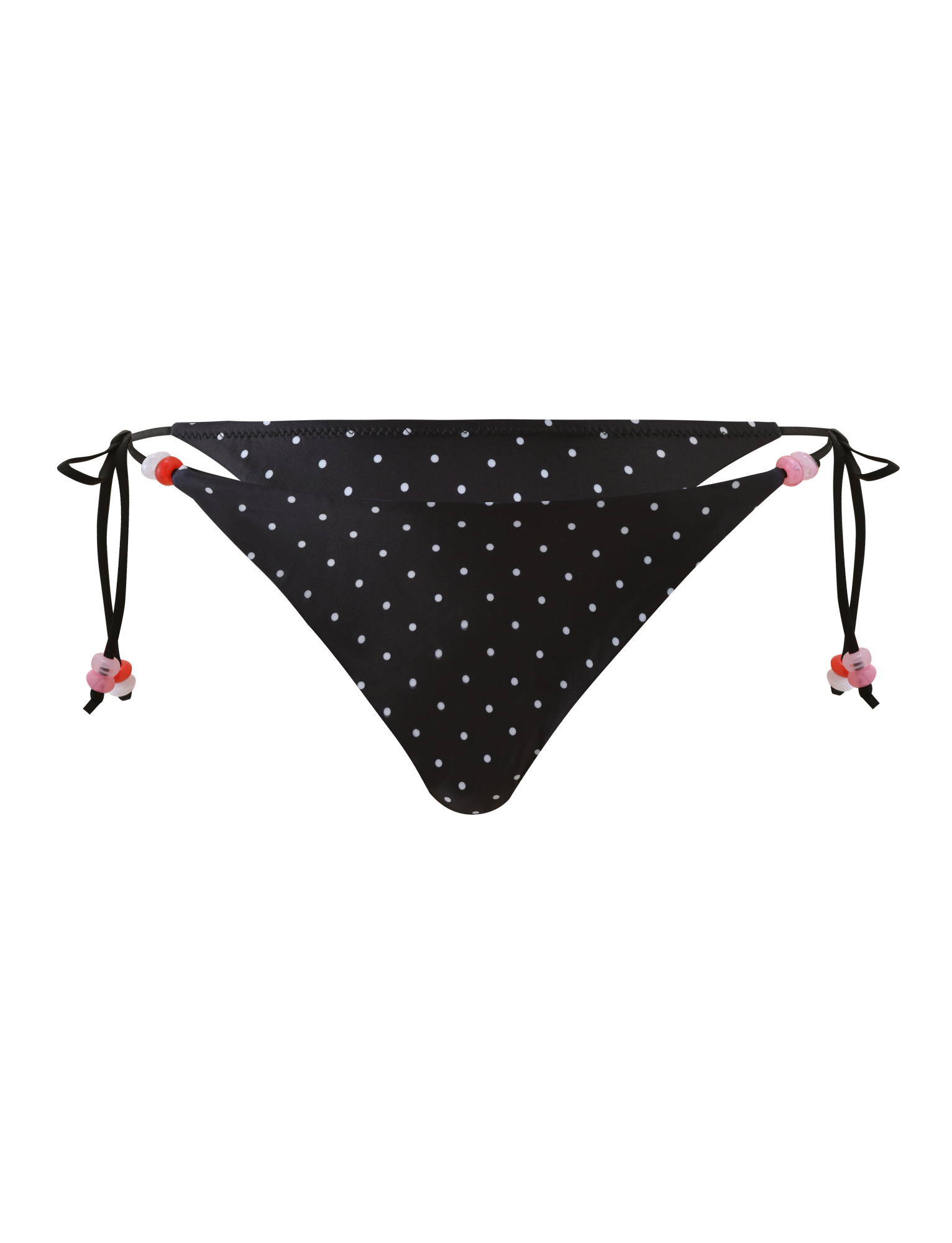 The TIGERMIST FINLEA BIKINI BOTTOM in polka dot black and cream features cheeky coverage, side ties with pink and red beads, shown against a plain white background.