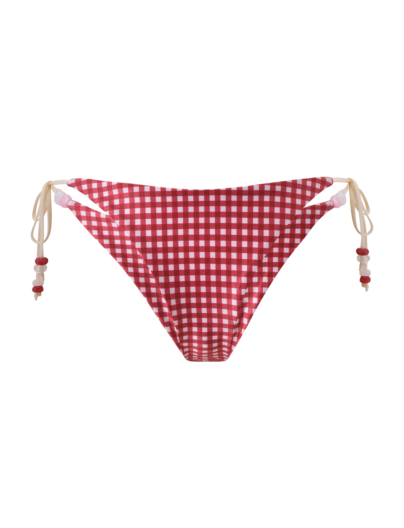 The TIGERMIST FINLEA BIKINI BOTTOM in red gingham features beige tie sides with small red and white beads, shown on a plain white background.