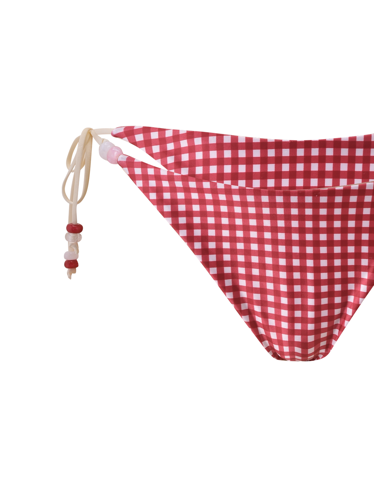The TIGERMIST FINLEA BIKINI BOTTOM in red gingham features cheeky coverage, tie side strings adorned with pink and red beads, and is shown against a white background.