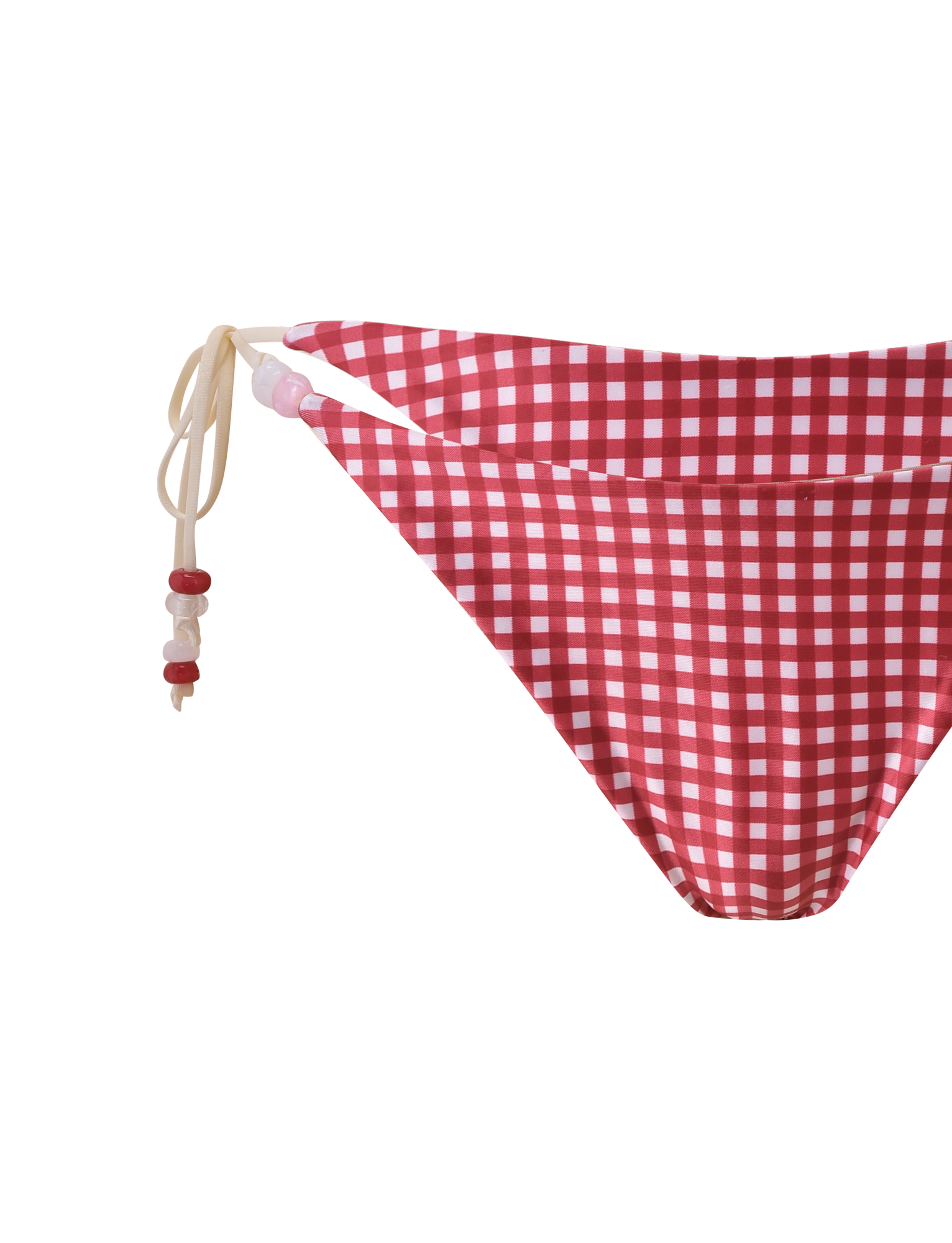 The TIGERMIST FINLEA BIKINI BOTTOM in red gingham features cheeky coverage, tie side strings adorned with pink and red beads, and is shown against a white background.