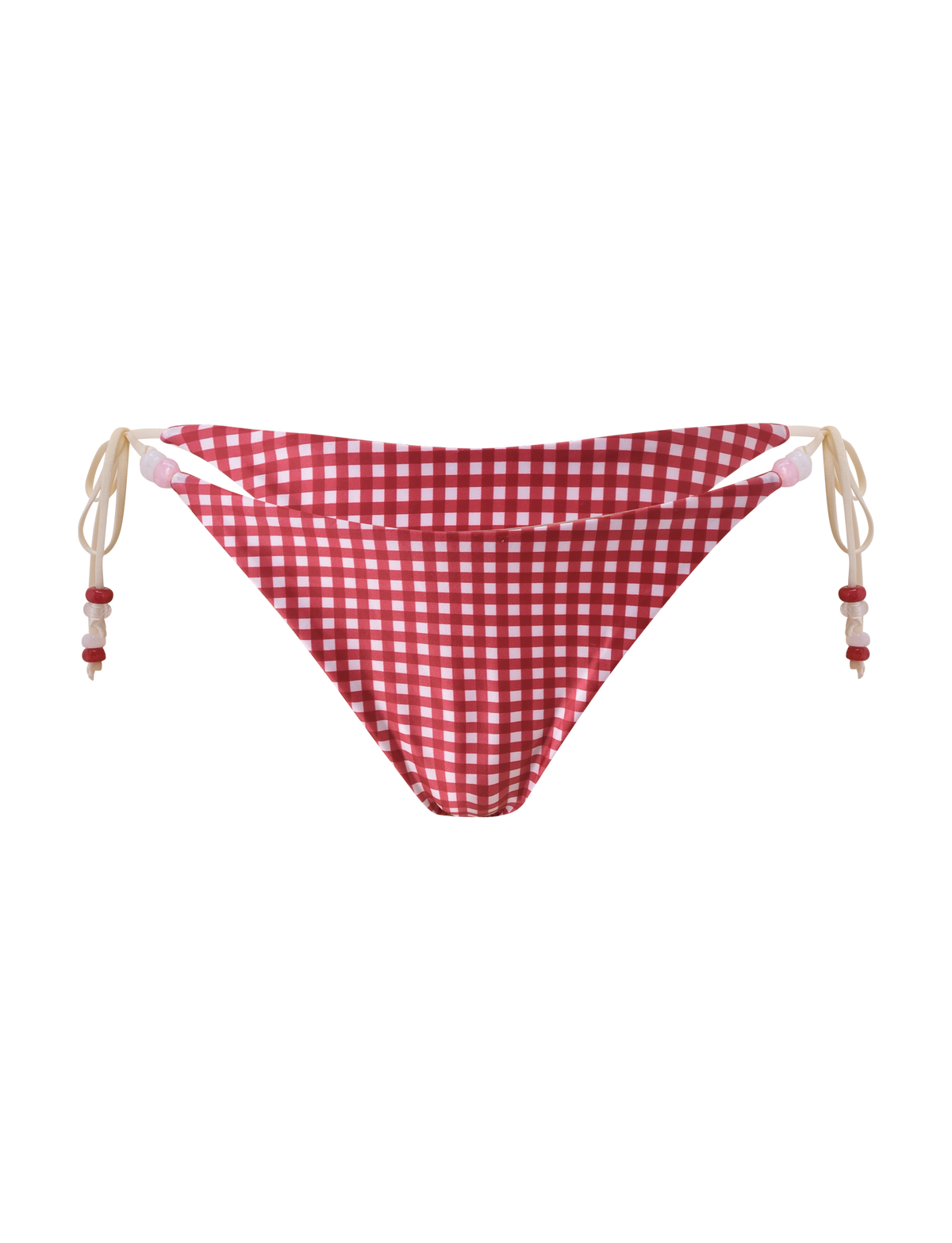The TIGERMIST FINLEA BIKINI BOTTOM in red gingham features beige tie sides with red and white beaded ends, displayed on a plain white background for a playful swimwear update.