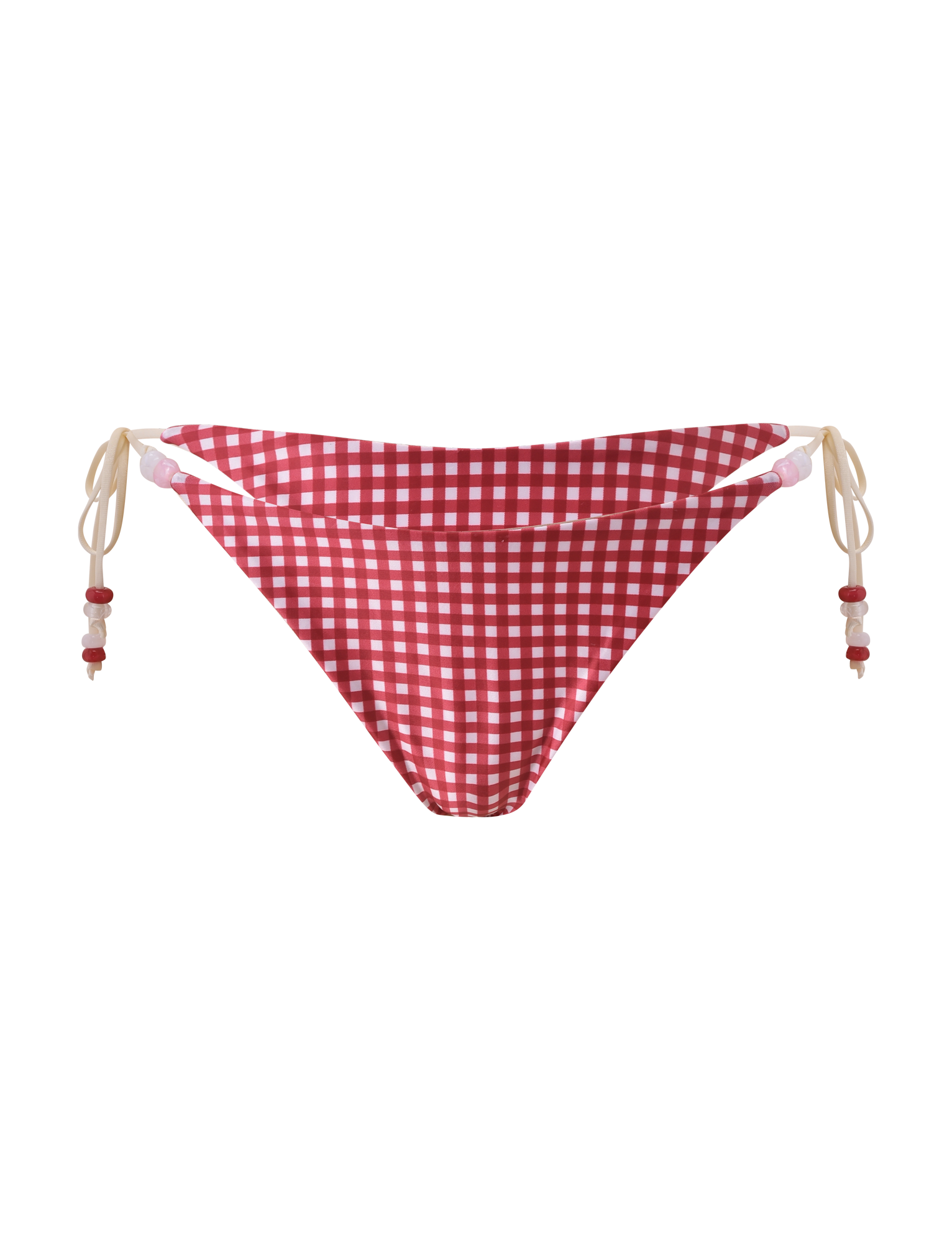 The TIGERMIST FINLEA BIKINI BOTTOM in red gingham features beige tie sides with red and white beaded ends, displayed on a plain white background for a playful swimwear update.