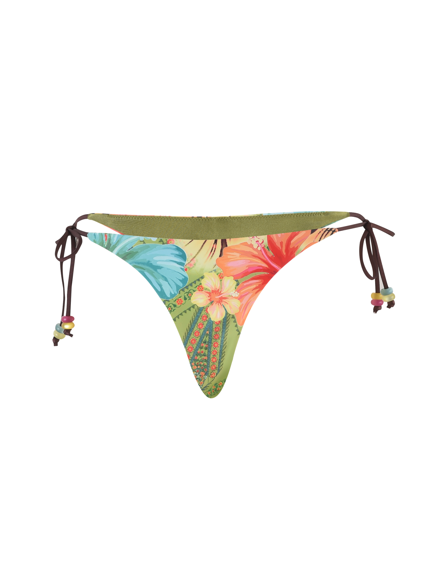 The FINLEA BIKINI BOTTOM - MULTI : TROPICAL FLORAL by TIGERMIST features a bold tropical floral print in green, red, yellow, and blue, with side ties adorned with beads and a cheeky cut.