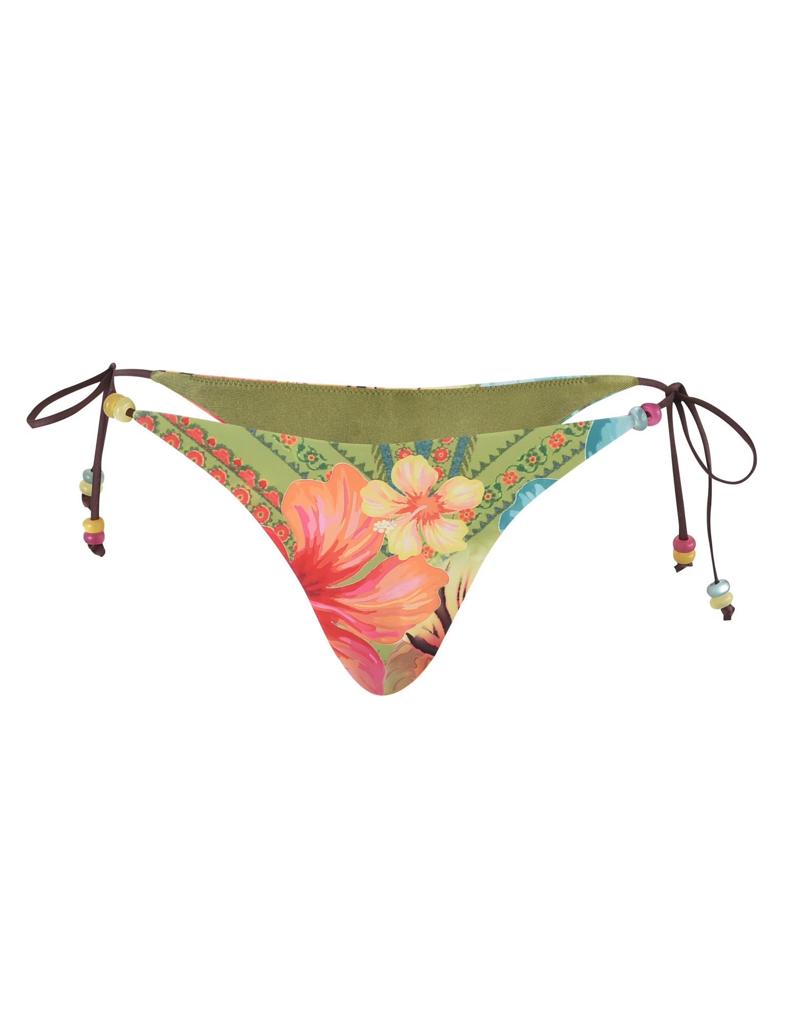 The FINLEA BIKINI BOTTOM - MULTI : TROPICAL FLORAL by TIGERMIST features a green cheeky cut, pink, yellow, and orange tropical flowers, and brown side ties with multicolored beads.