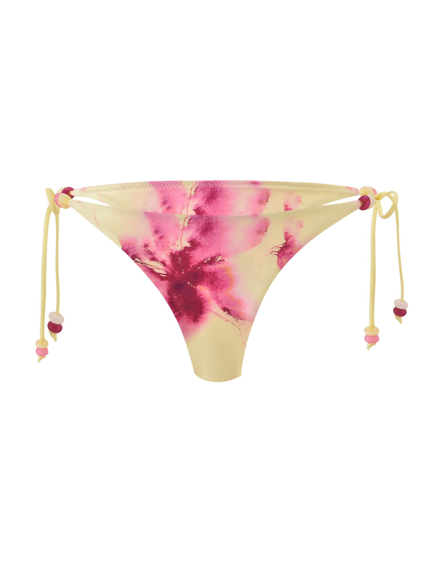 The FINLEA BIKINI BOTTOM - WATERCOLOUR FLORAL by TIGERMIST features a yellow base with pink and red floral print, cheeky coverage, adjustable side ties with pink and yellow beads, shown on a plain white background.
