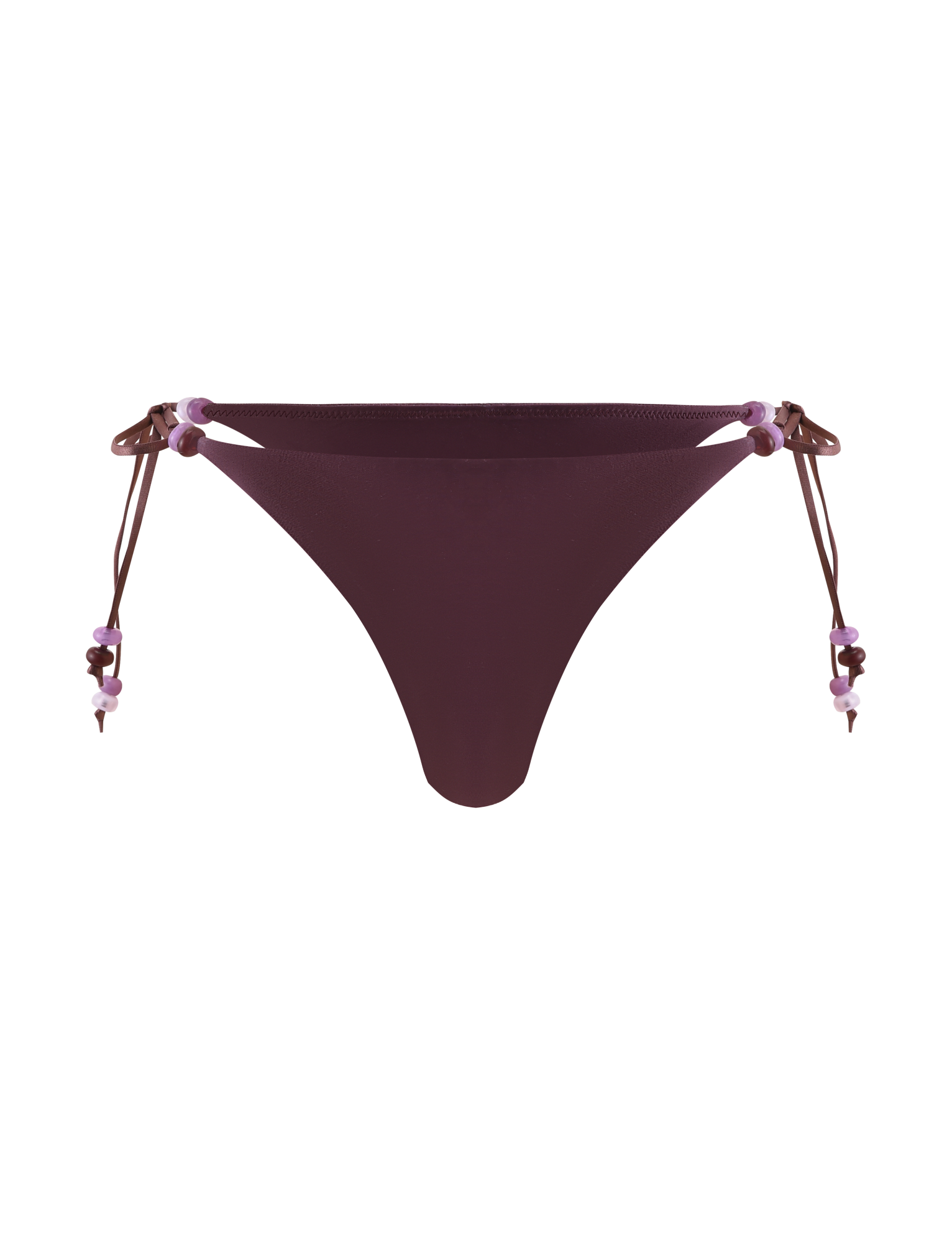 The FINLEA BIKINI BOTTOM - ZEN FLORAL by TIGERMIST features a cheeky cut in dark purple, with adjustable beaded straps embellished with small purple and pink beads, shown against a plain white background.