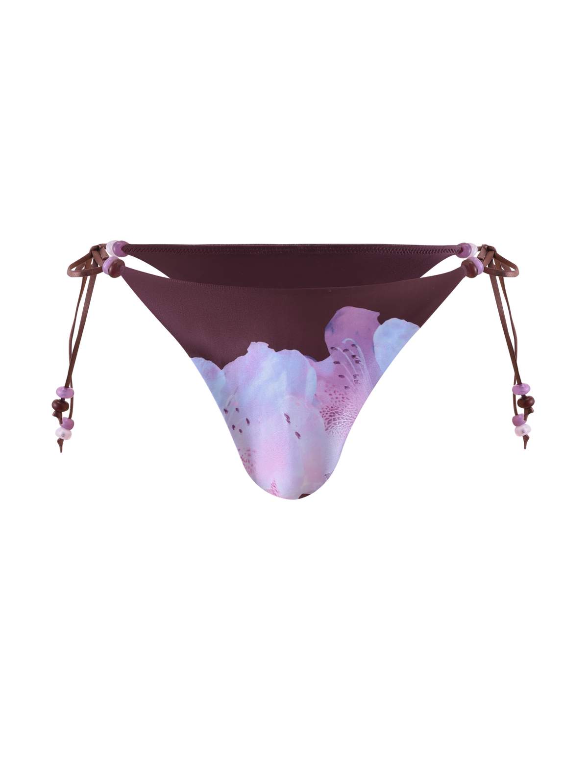 The FINLEA Bikini Bottom by TIGERMIST features beaded side tie strings and a purple-pink floral design on white for a playful look.