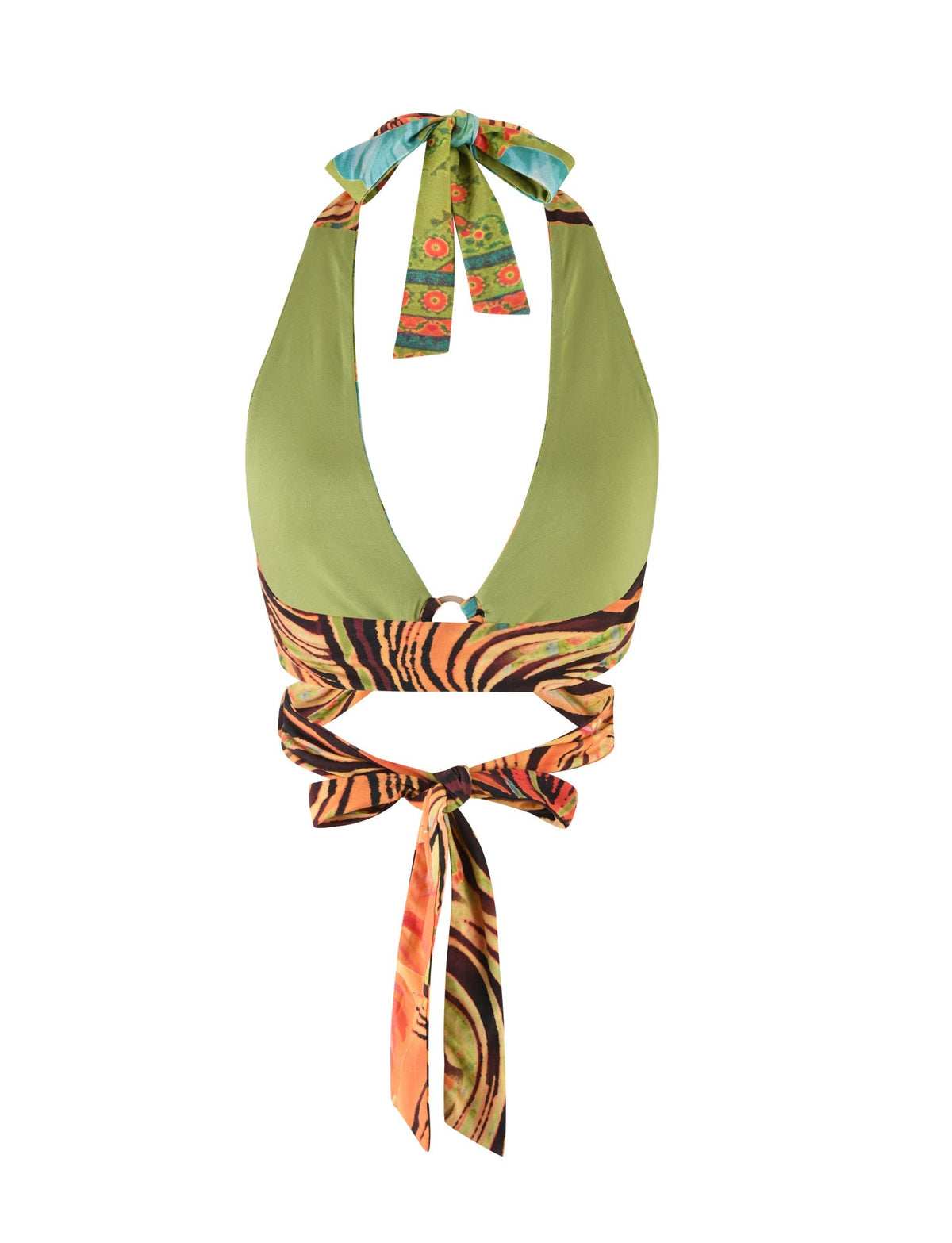 The RAYLEE TOP - MULTI : FLORAL : TROPICAL FLORAL from TIGERMIST is a colorful halter neck bikini top featuring a green bust and multicolored, tropical-patterned straps. The top includes wide ties at the neck and back, showcasing an intricate, vibrant print combining green, orange, and earthy tones.