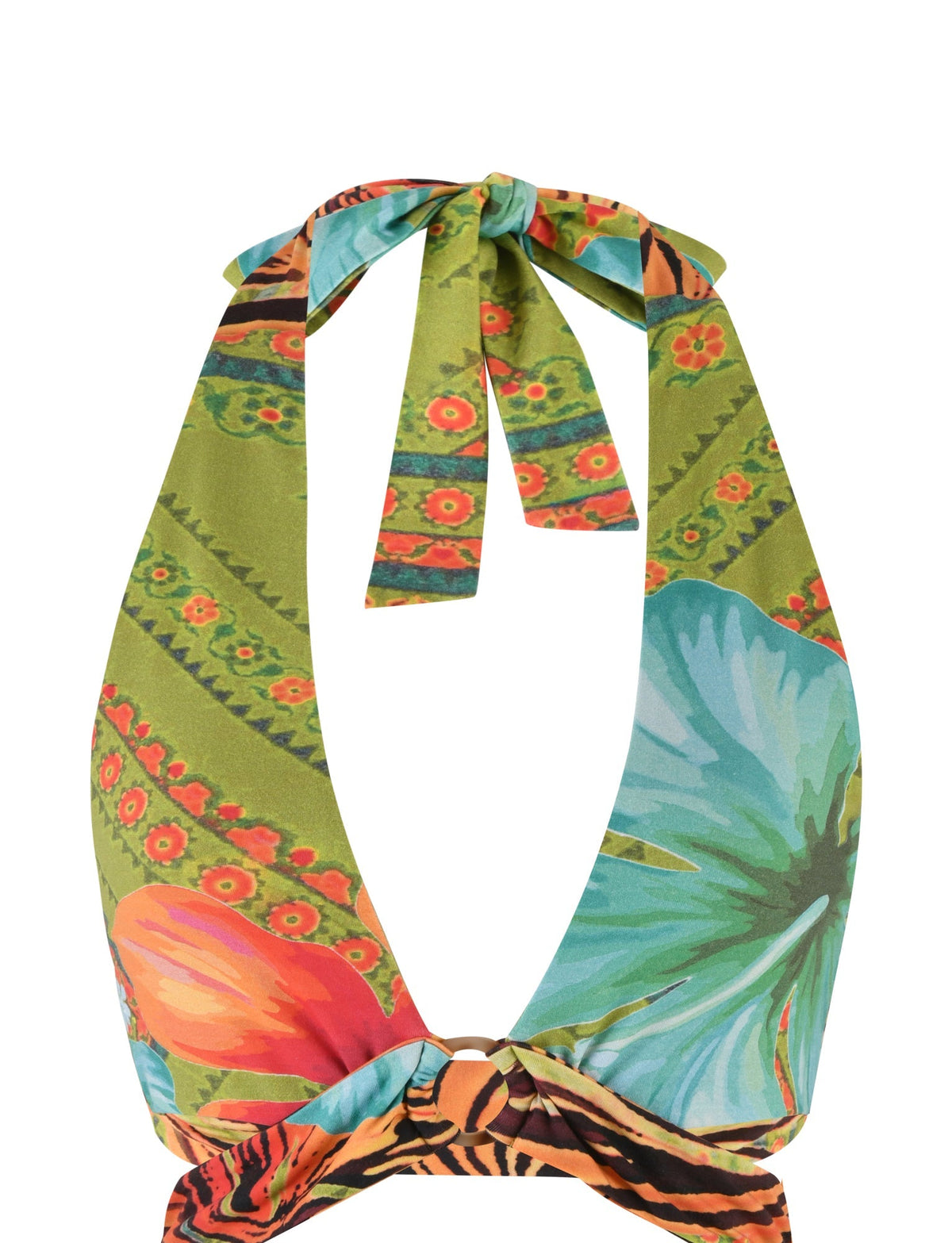 The RAYLEE TOP by TIGERMIST is a vibrant halter top featuring a tropical floral pattern. Its green fabric highlights large, colorful flowers in shades of blue, orange, and red, complemented by striped accents. The top ties at the neck and includes a stylish knot detail at the bottom.
