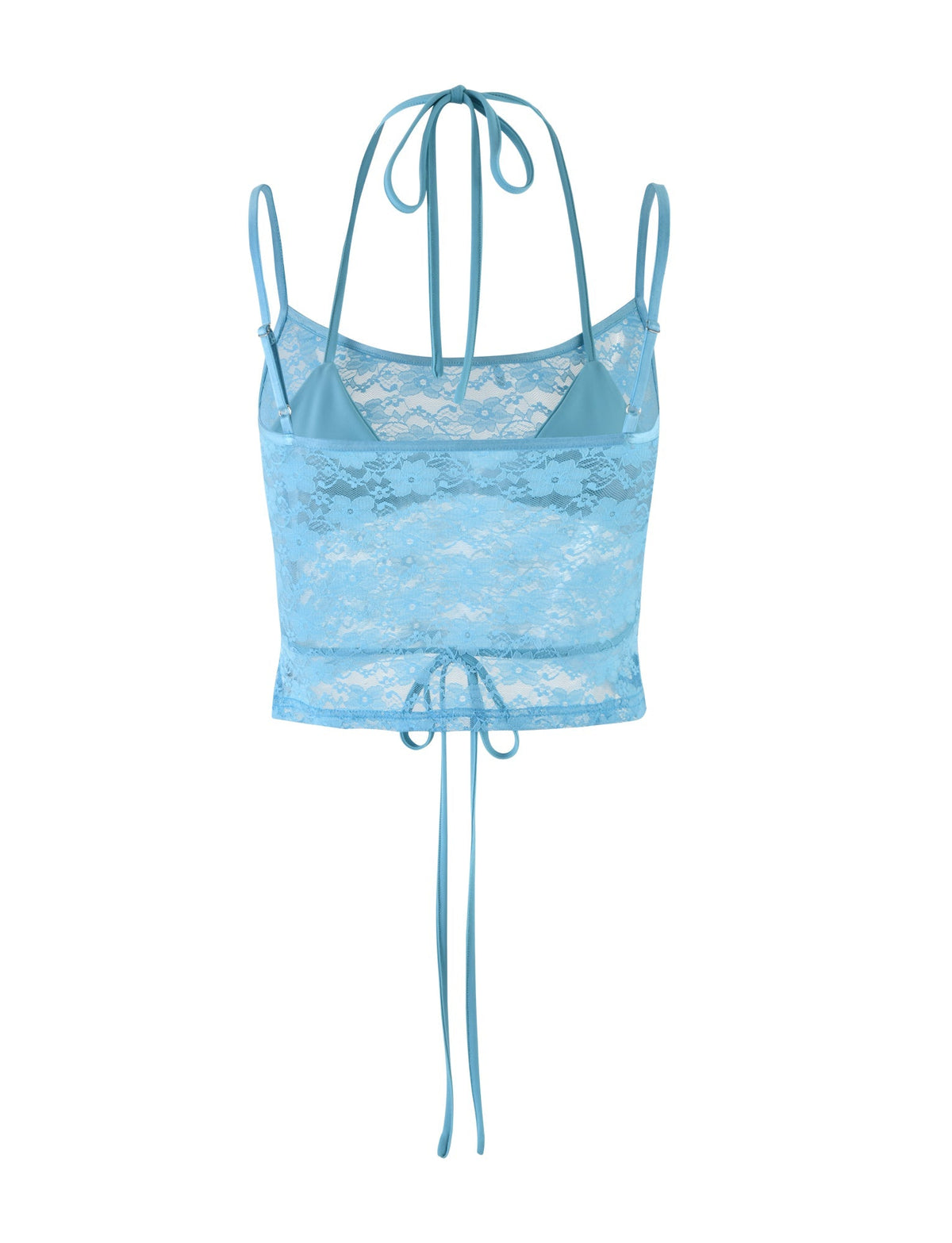 The KAELANI TWO-PIECE TOP - BLUE from TIGERMIST features a light blue lace camisole in an ice blue shade. This stylish top is cropped and includes spaghetti straps, a halter neck tie, and a semi-transparent lace texture. It also boasts tie details at the bust and hem, providing both an adjustable fit and a chic look.