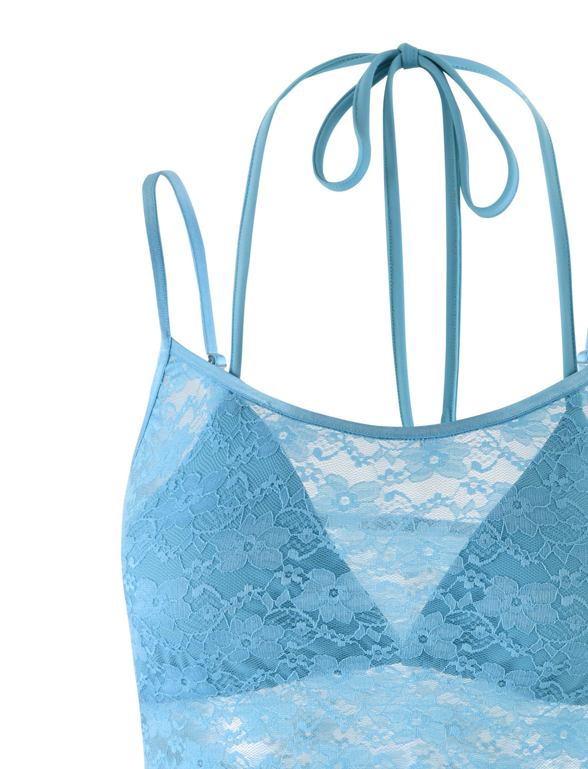 A close-up of the TIGERMIST KAELANI TWO-PIECE TOP in an ice blue with bright blue lace. It features thin shoulder straps and a halter tie at the neck, with fabric showcasing a floral pattern and cups that provide light coverage. The design is delicate and feminine.
