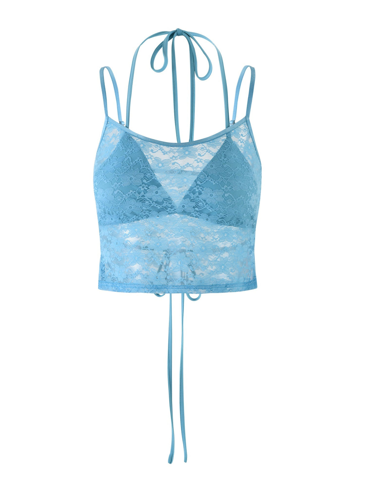 The KAELANI TWO-PIECE TOP from TIGERMIST in Ice Blue features a trendy design with thin shoulder straps and a halter neck tie. This stylish crop top showcases sheer floral lace with triangle cups and an adjustable back tie for a perfect fit. The delicate fabric is adorned with beautiful lace detailing.